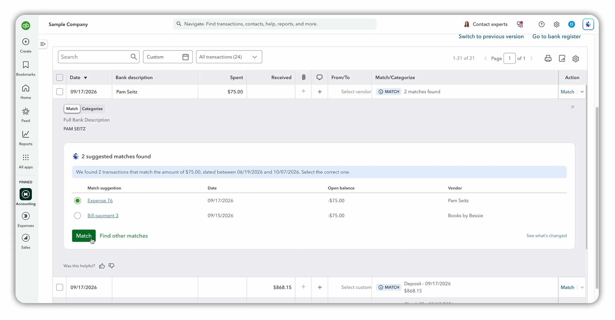 QuickBooks Online Match screen showing two suggested matches for a $75 payment, including transactions for Pam Seitz and Books by Bessie.