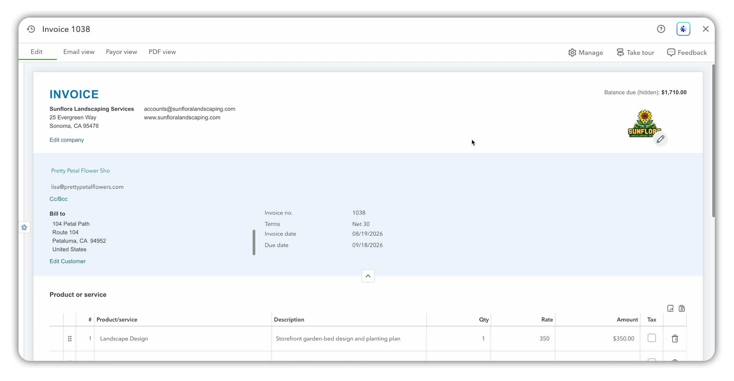 Sunflora Landscaping Services logo displayed in the header of a customer-facing QuickBooks Online invoice.