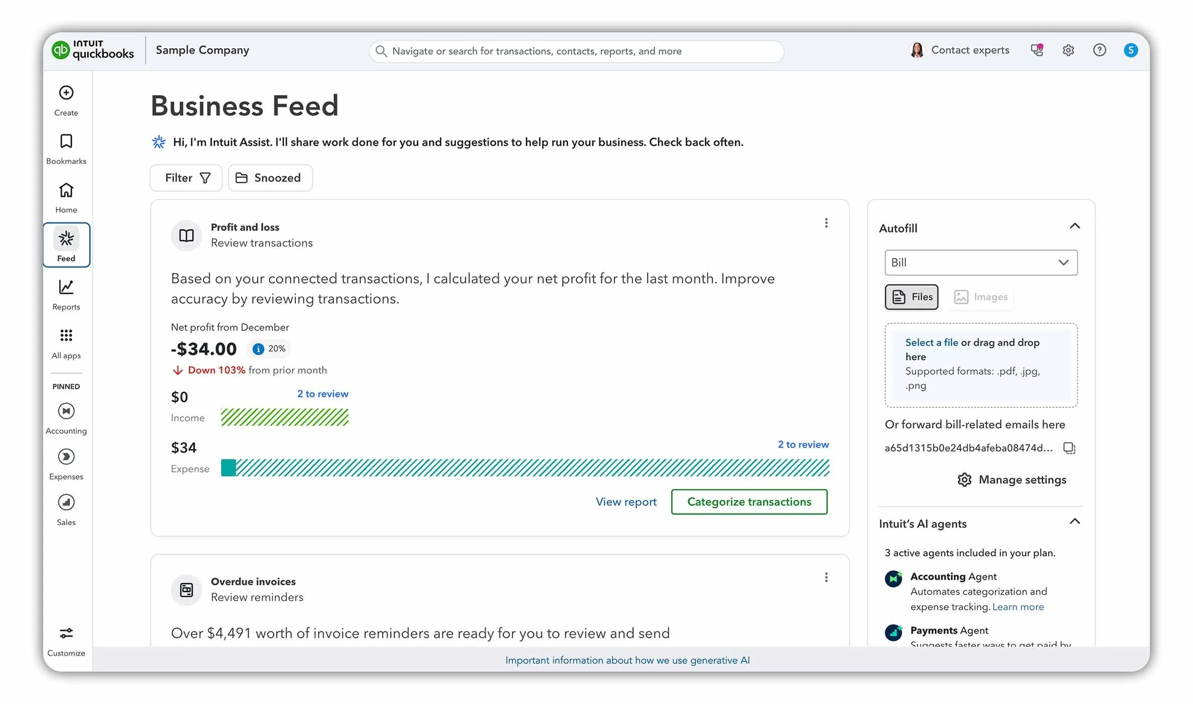 QuickBooks Online Business Feed showing profit and loss insights, overdue invoices, automated bill processing, and Intuit's AI-powered accounting agents.