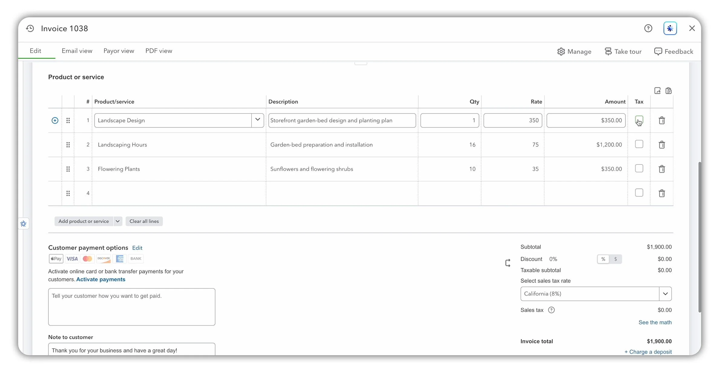 Completed QuickBooks Online invoice showing landscape design, labor and flowering plants supplied to Pretty Petal Flower Shop.