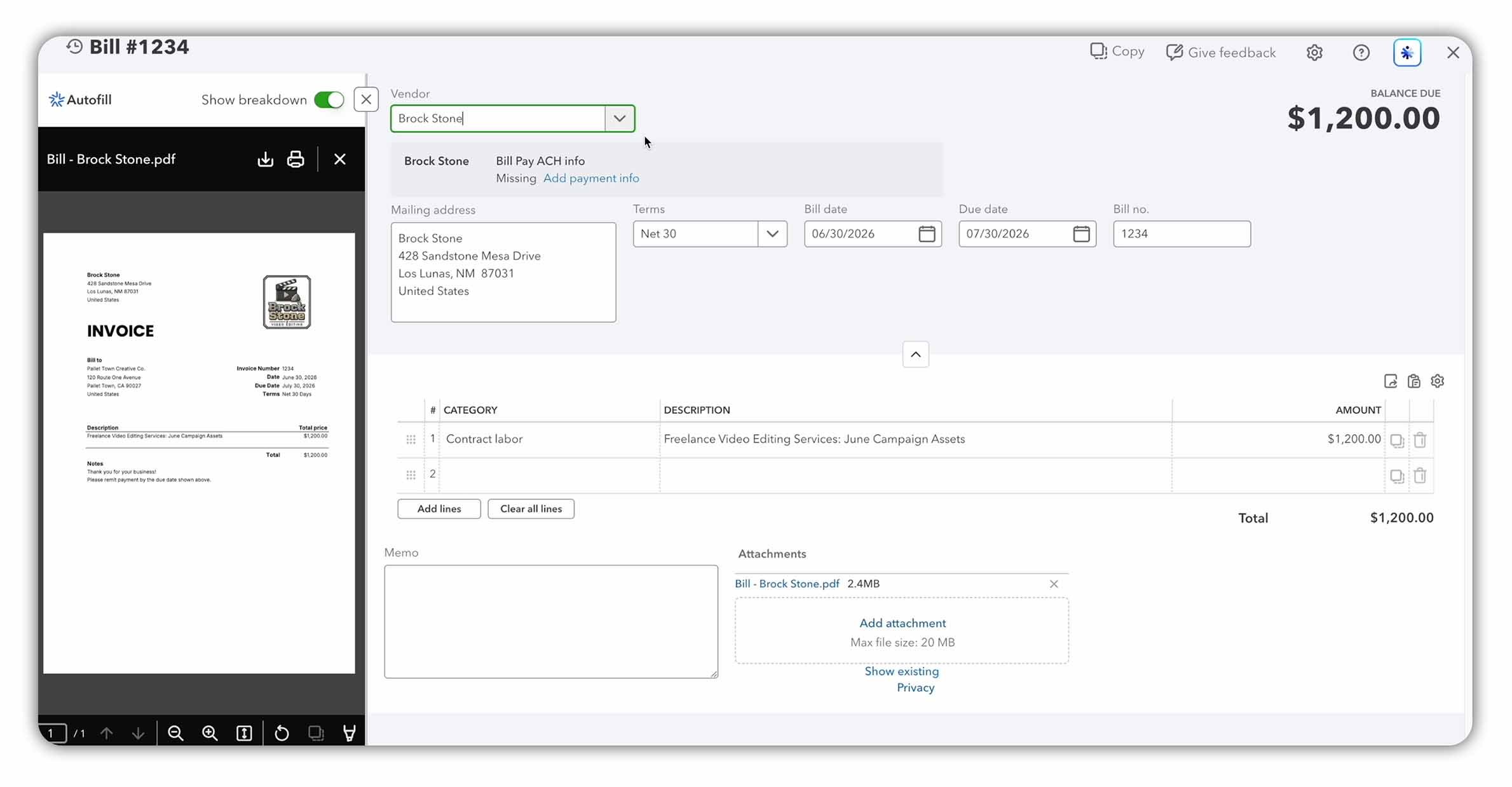 QuickBooks Online bill form with supplier invoice details extracted automatically