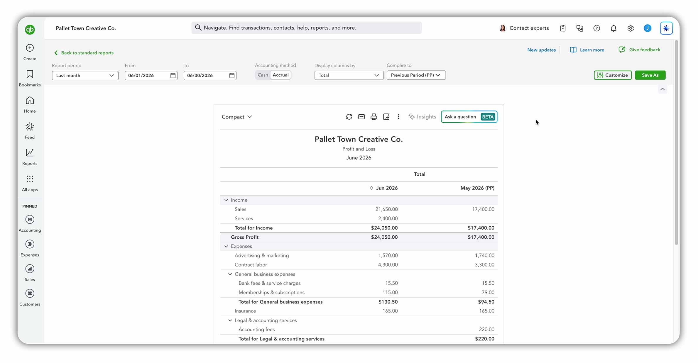 QuickBooks Online Profit and Loss report comparing income and expenses with the previous month