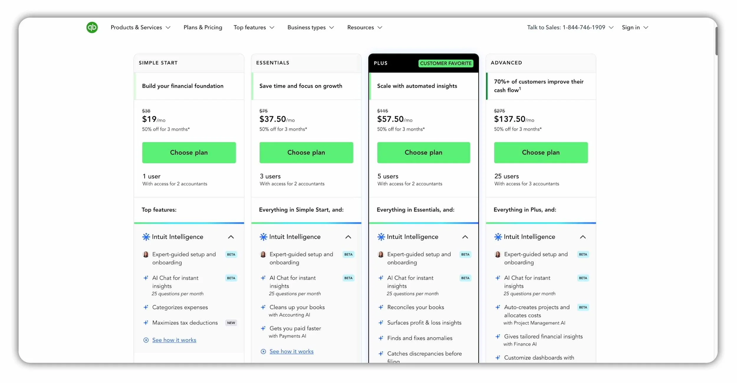 Comparison of QuickBooks Online Simple Start, Essentials, Plus and Advanced plans
