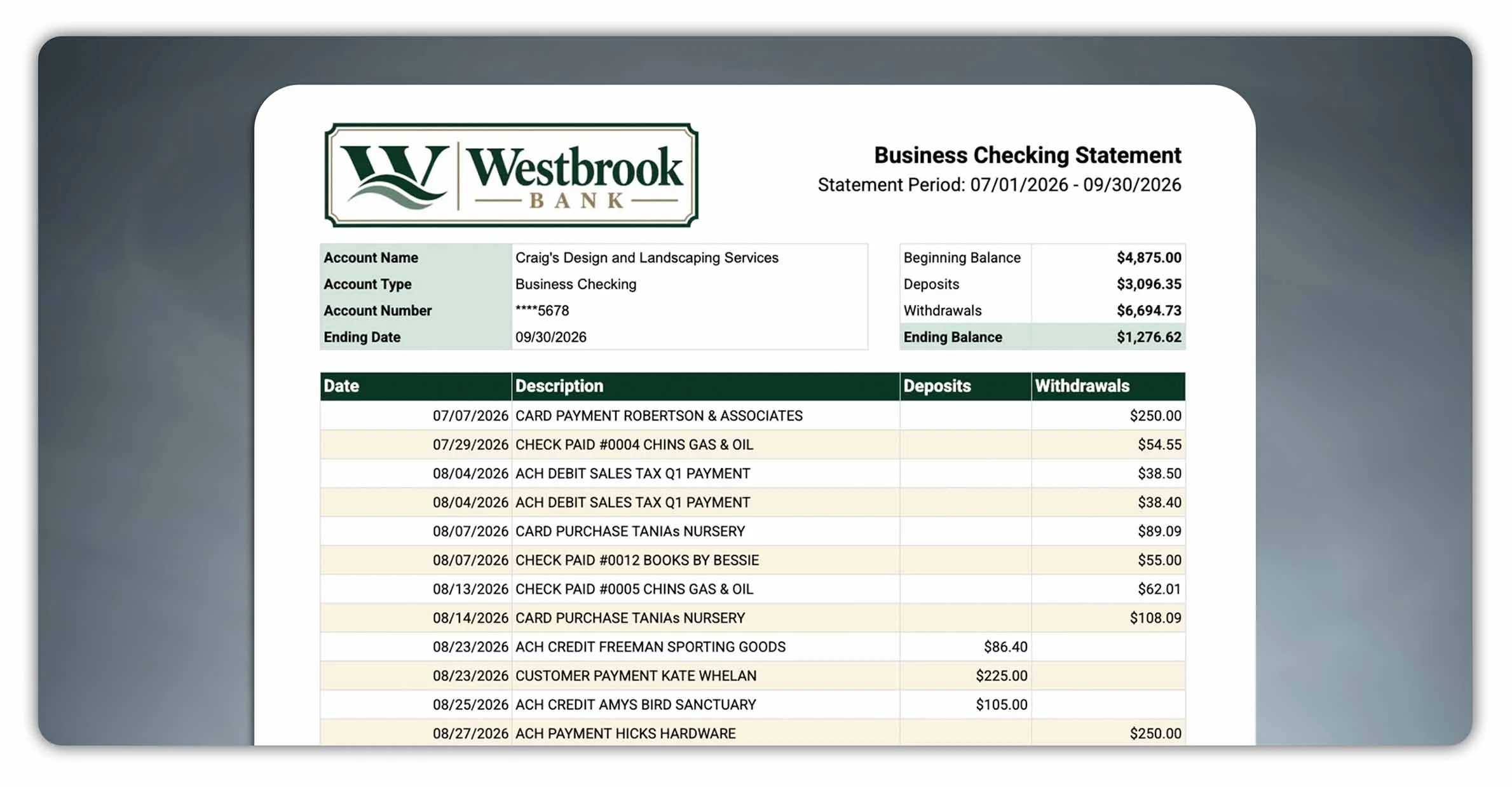 Westbrook Bank business checking statement showing the beginning balance, ending balance and transactions for the period ending September 30, 2026.