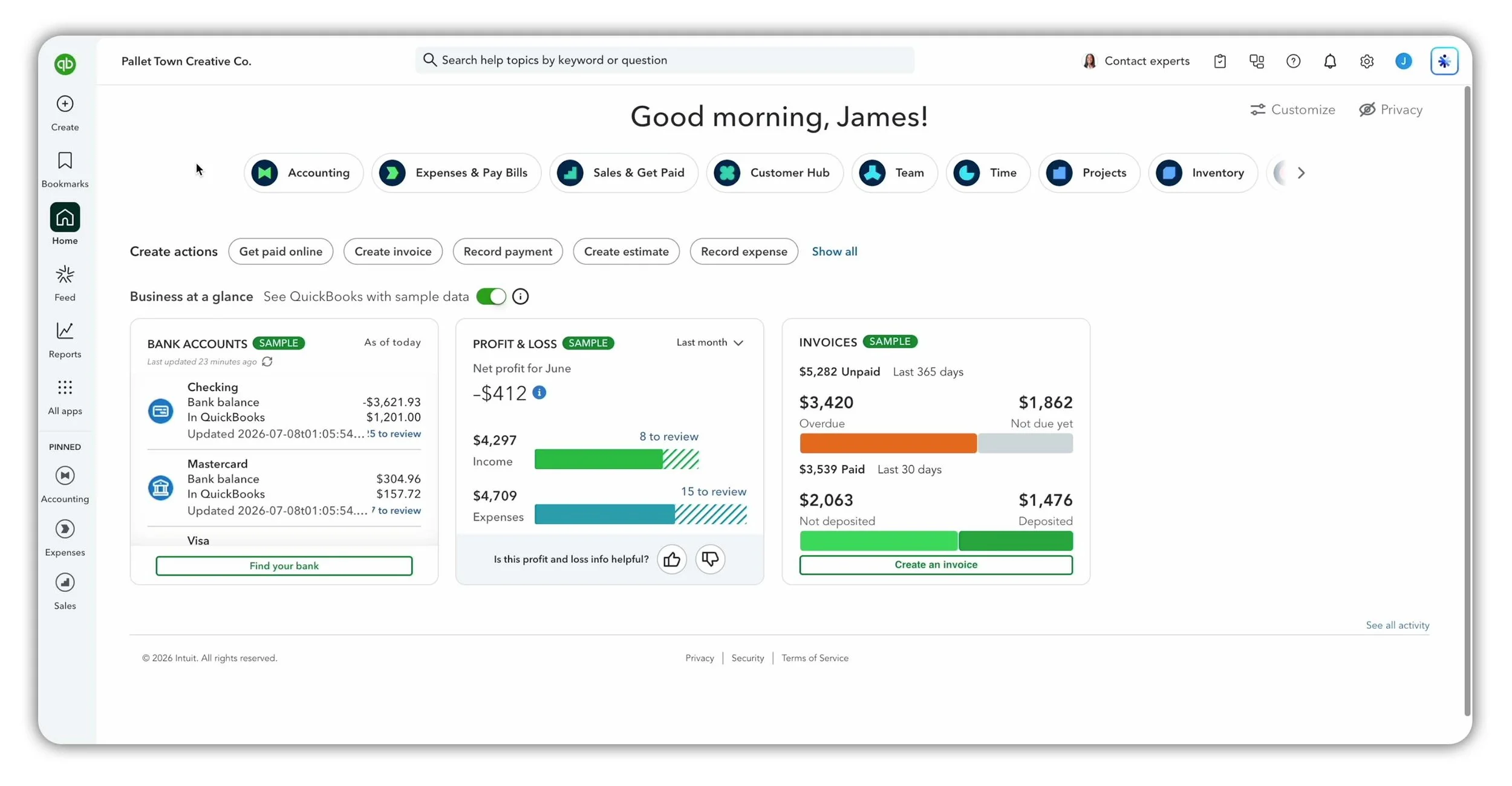 QuickBooks Online dashboard showing bank accounts, profit and loss, invoices and navigation tools
