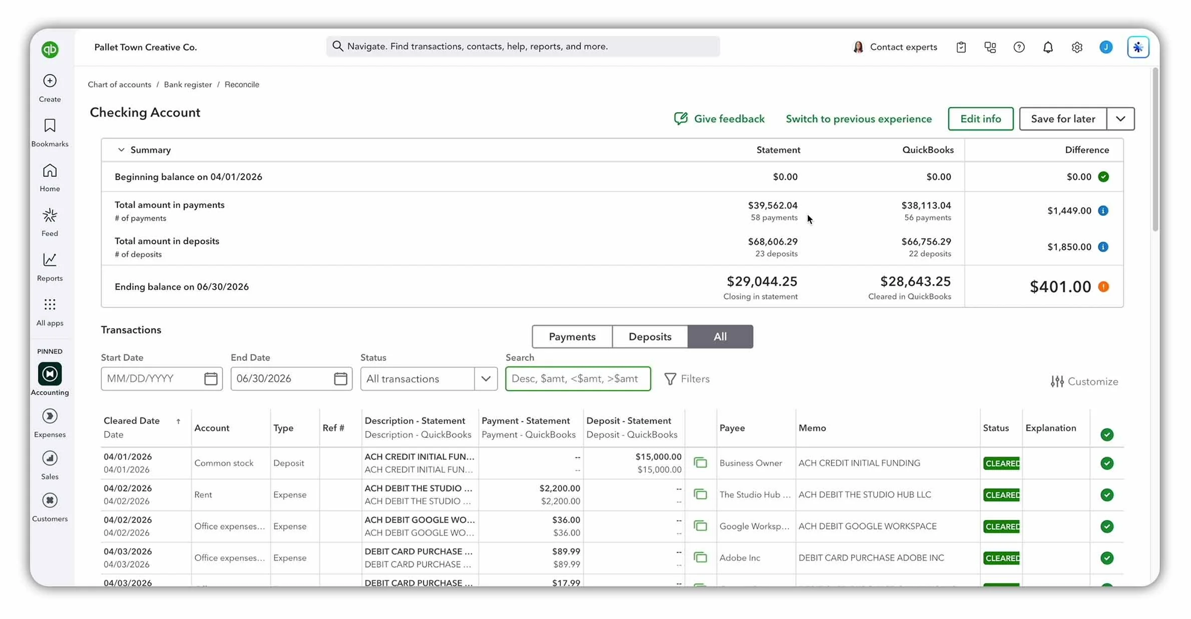 QuickBooks Online reconciliation screen comparing bank statement and recorded balances