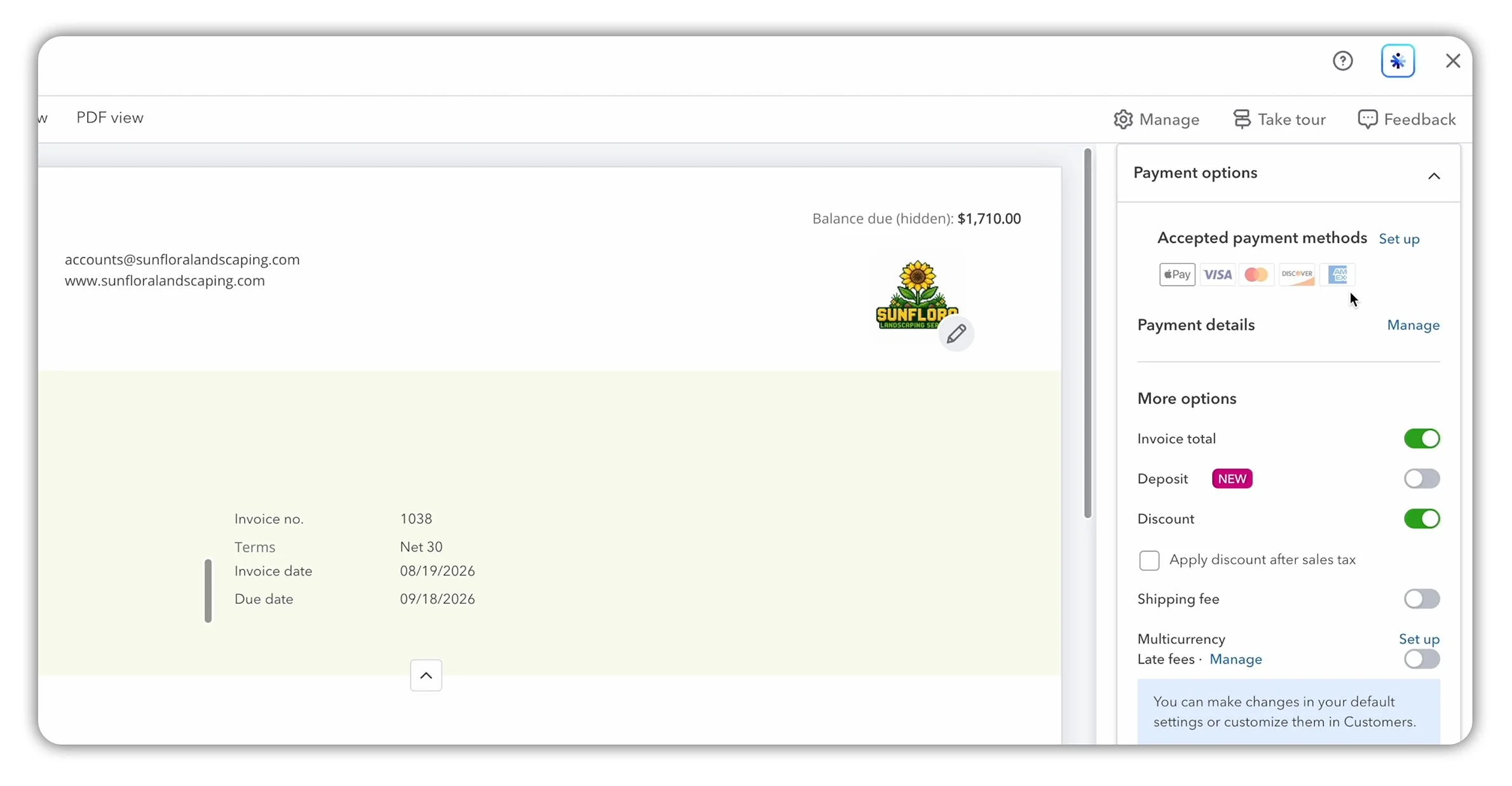 QuickBooks Online Payment options panel for enabling online invoice payment methods.