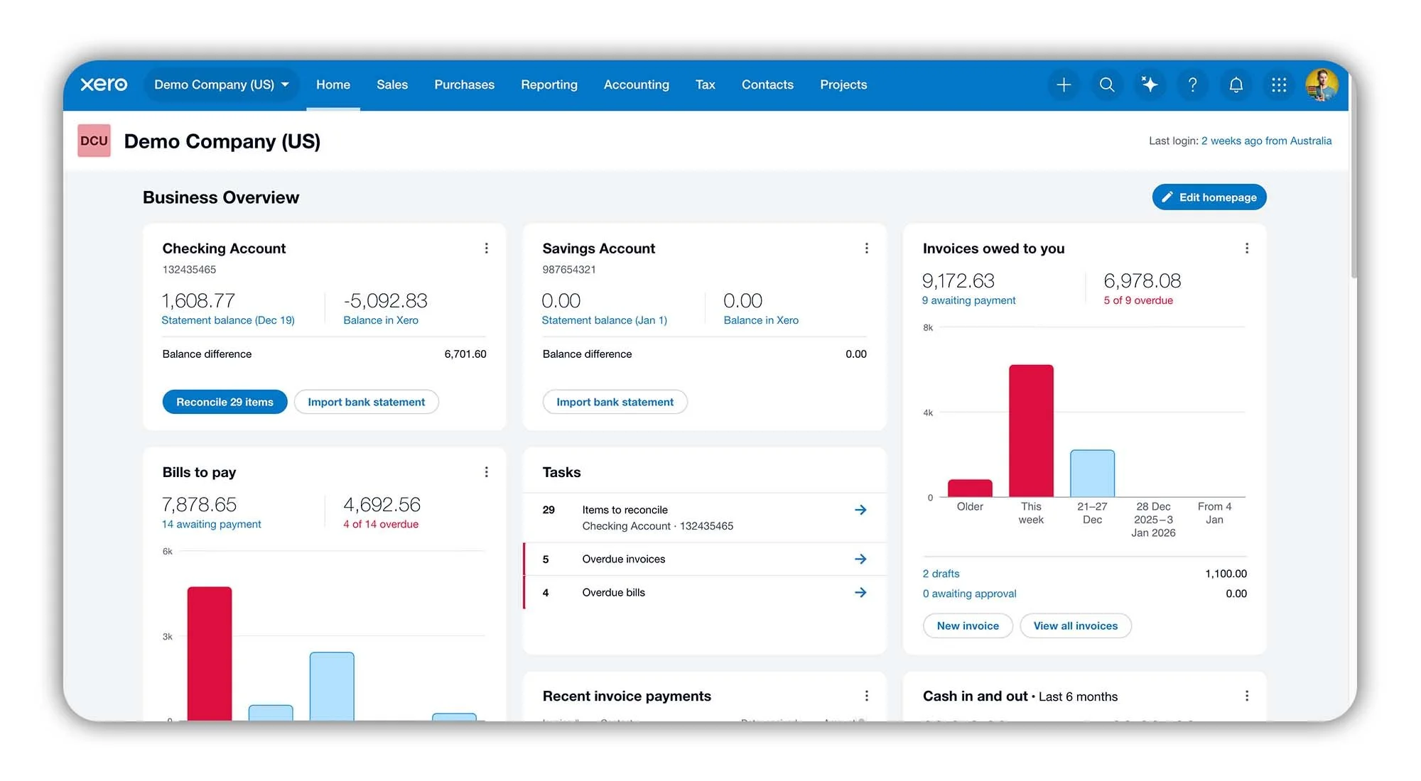 Xero dashboard 2026 interface.