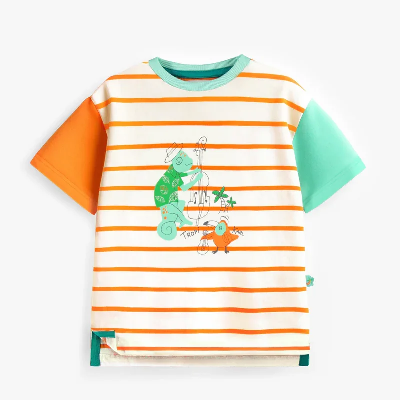 Cream T-shirt with stripes and illustration
