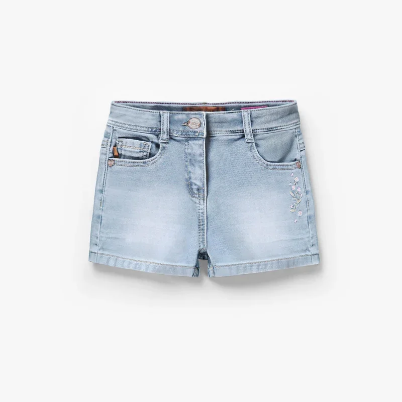 Pale blue denim shorts with floral embroidery