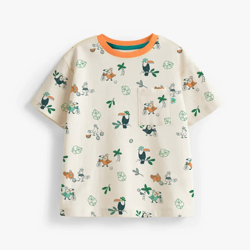 Beige T-shirt with tropical bird all over print