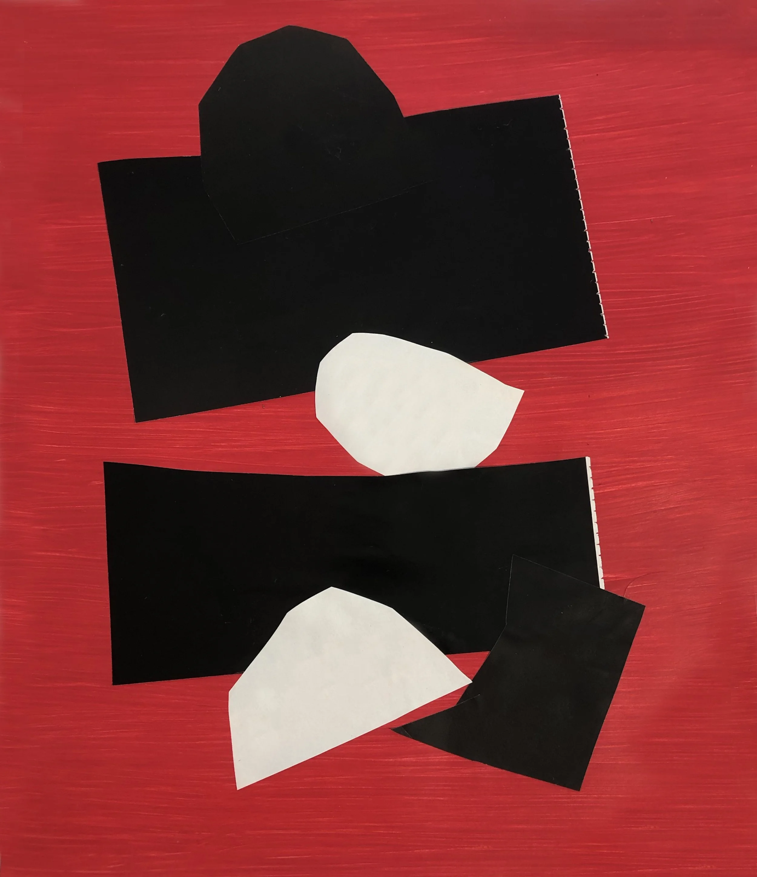 Abstract artwork with colored shapes in black and white on red background