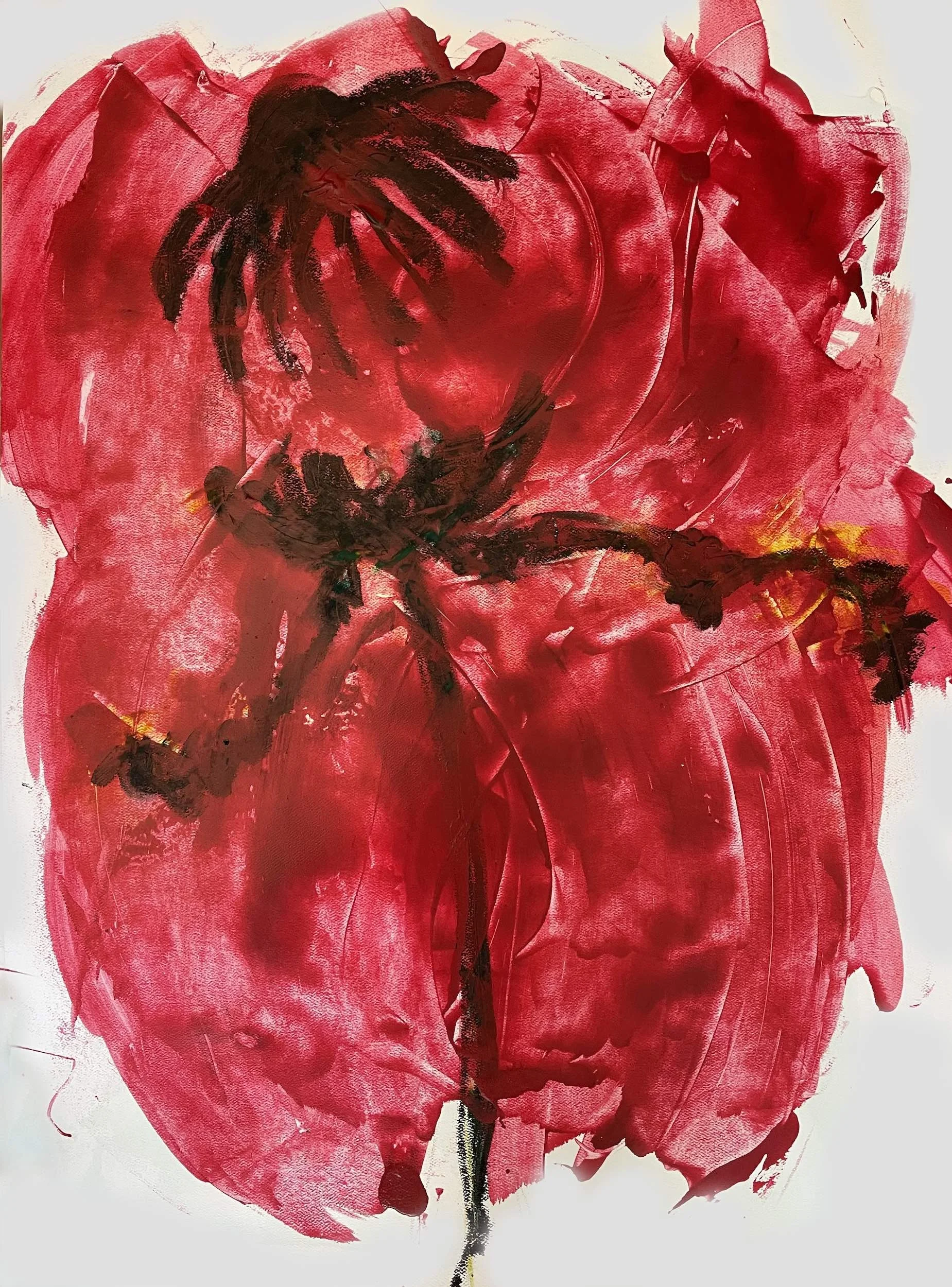 An abstract painting of a red flower, possibly a rose, with dark black and yellow accents, created with bold brushstrokes on a white background.