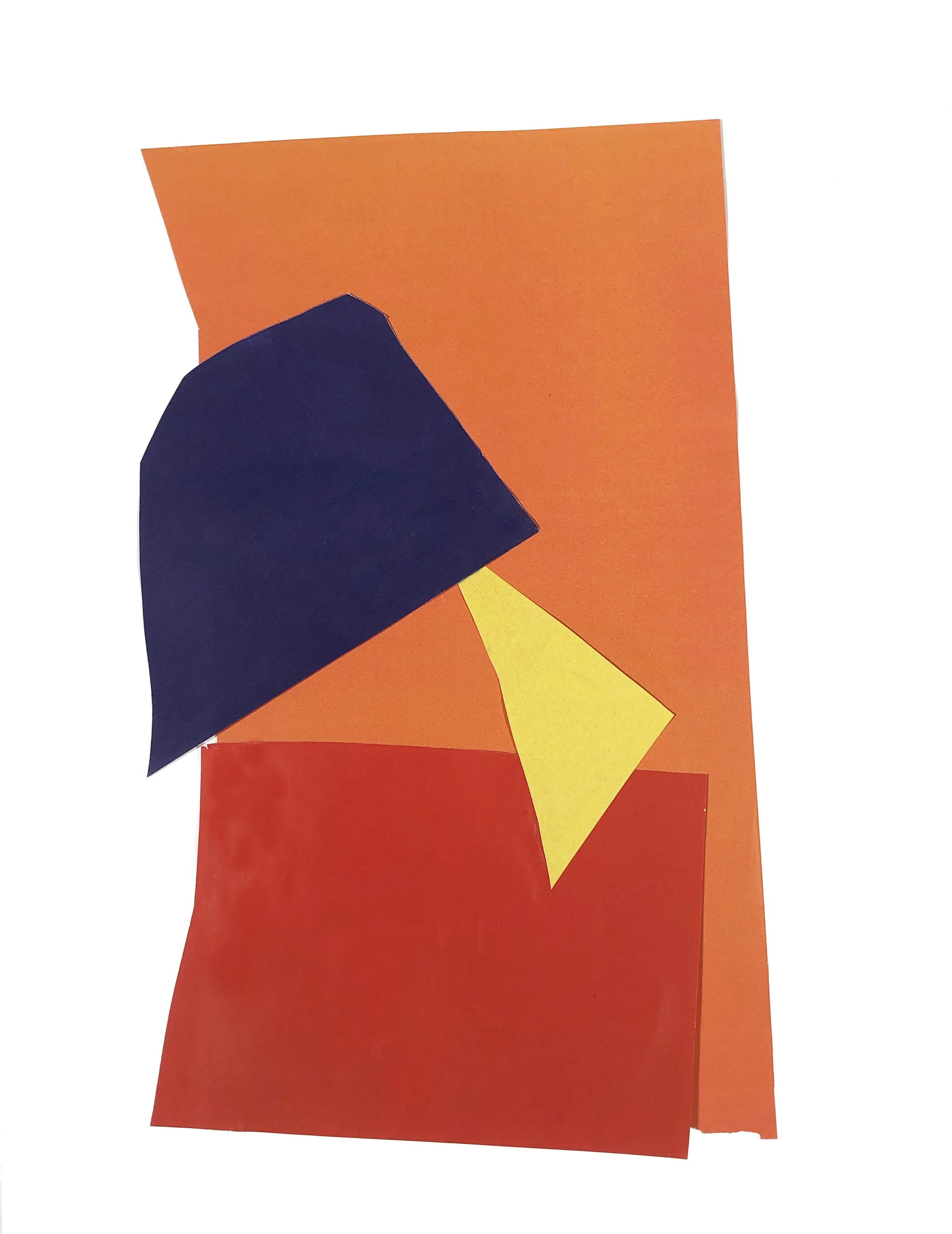 Abstract artwork with colored shapes in blue, orange and yellow.