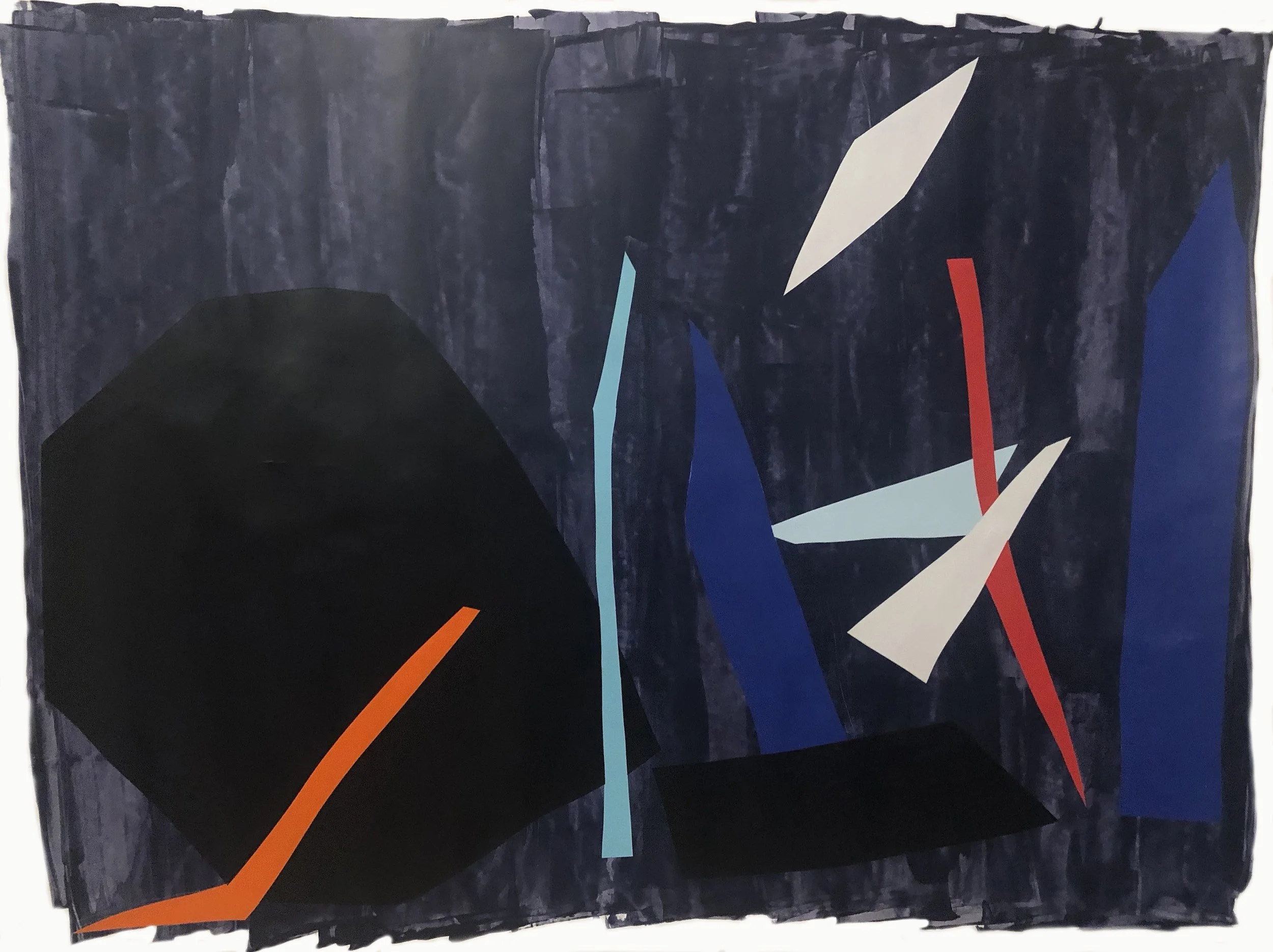 Abstract painting with geometrical shapes in navy blue, black, white, red, orange, and light blue on a dark blue textured background.