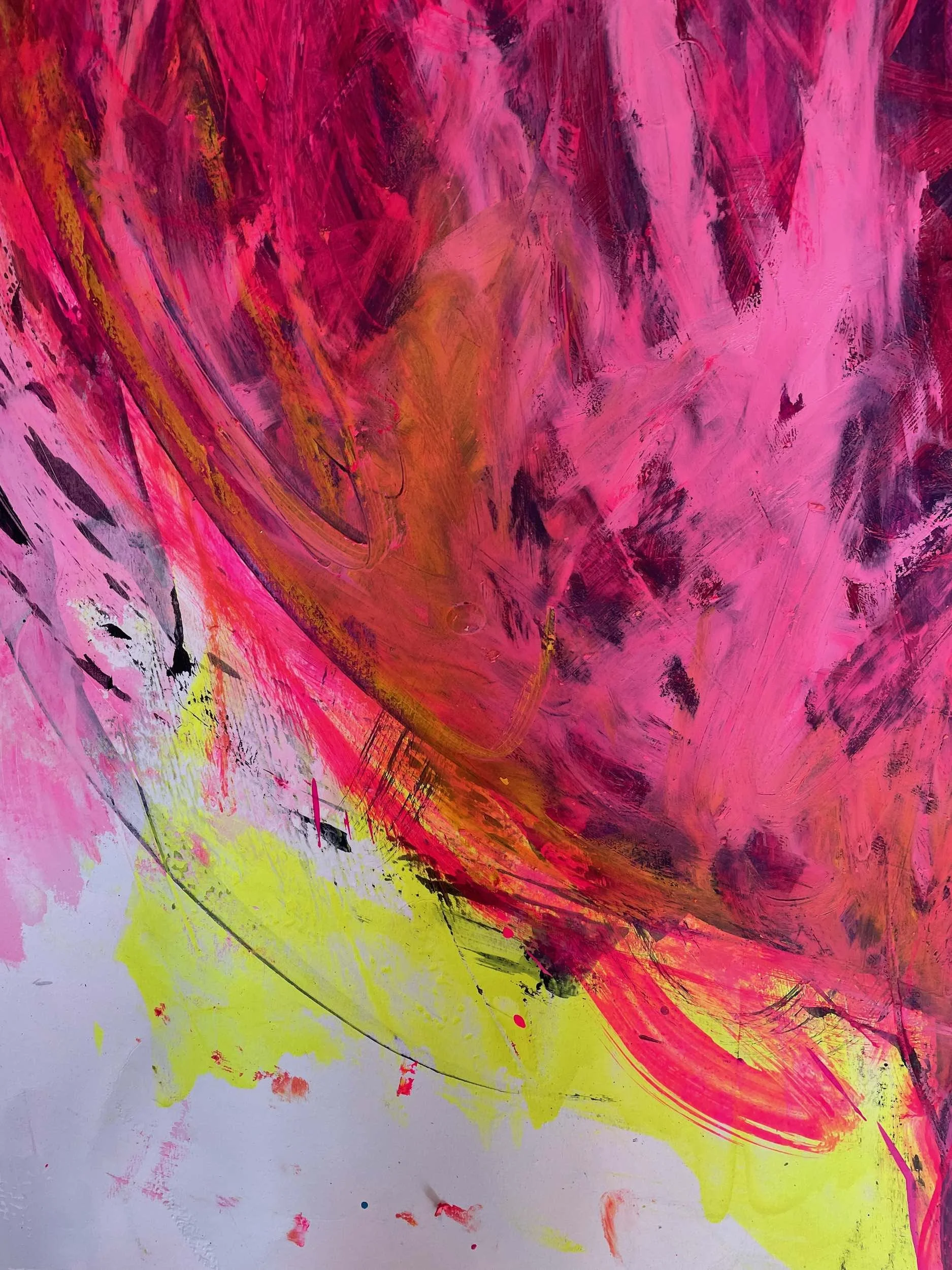 Abstract acrylic painting with bold pink, red, yellow, and black strokes and splatters.