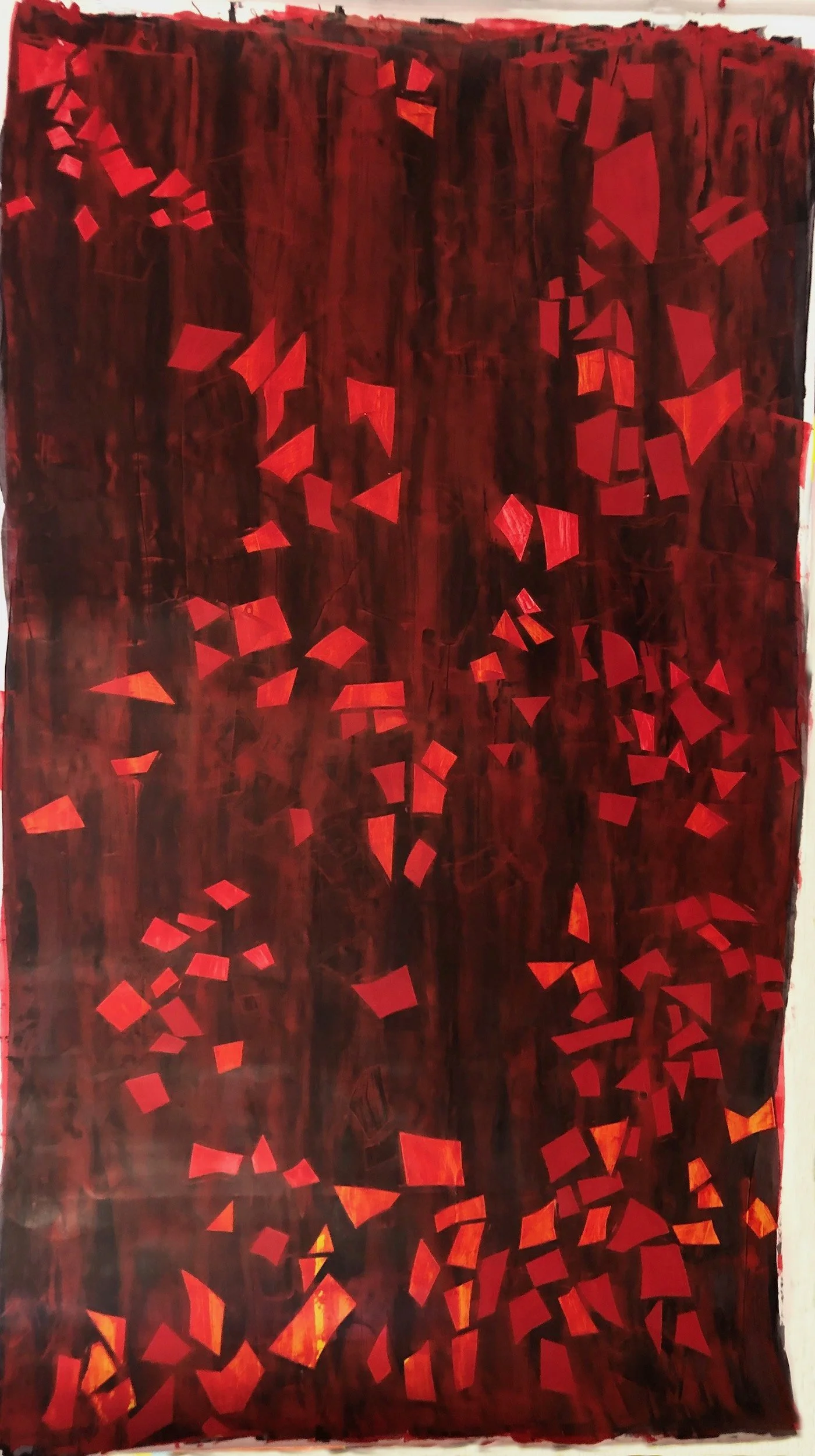 Abstract painting with a dark red background and scattered bright red and orange geometric shapes.