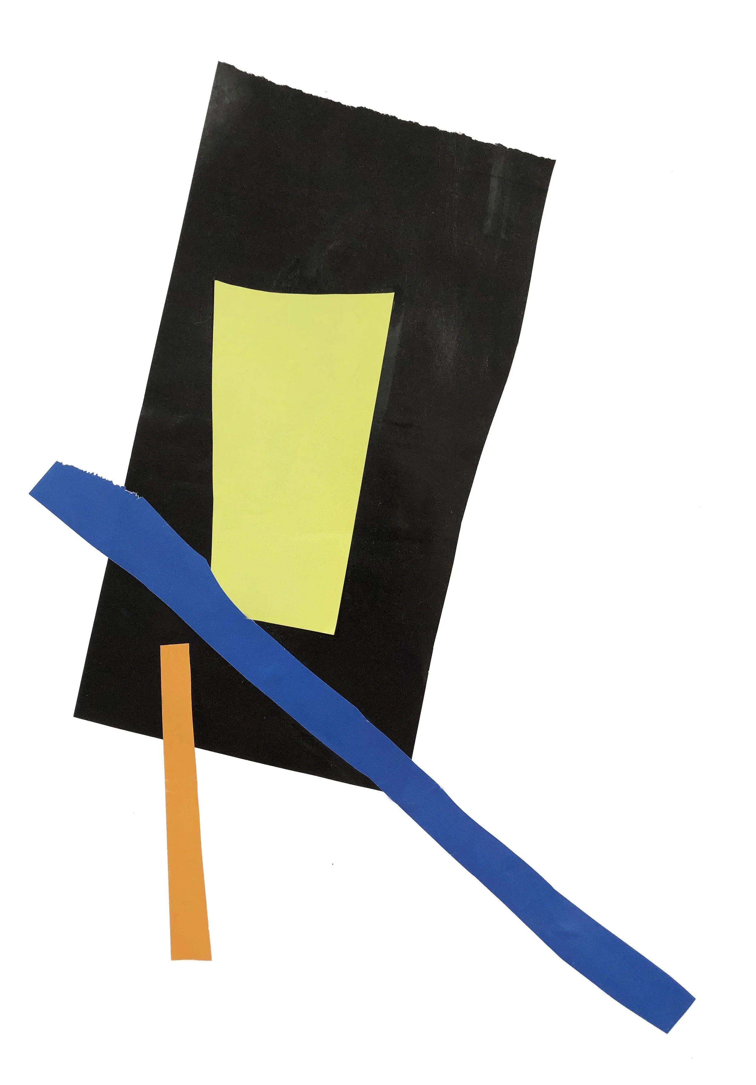 Abstract artwork with colored shapes in blue, black, orange and yellow.