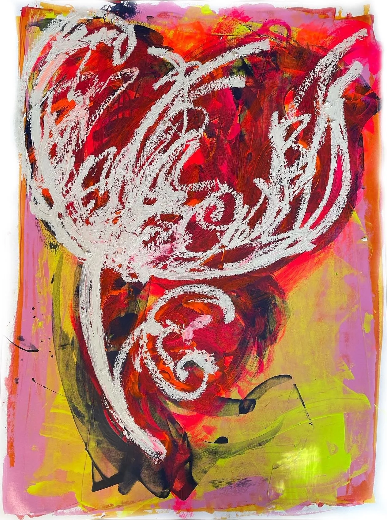 Abstract painting with bold white swirling strokes and vibrant red, pink, orange, and yellow background colors.