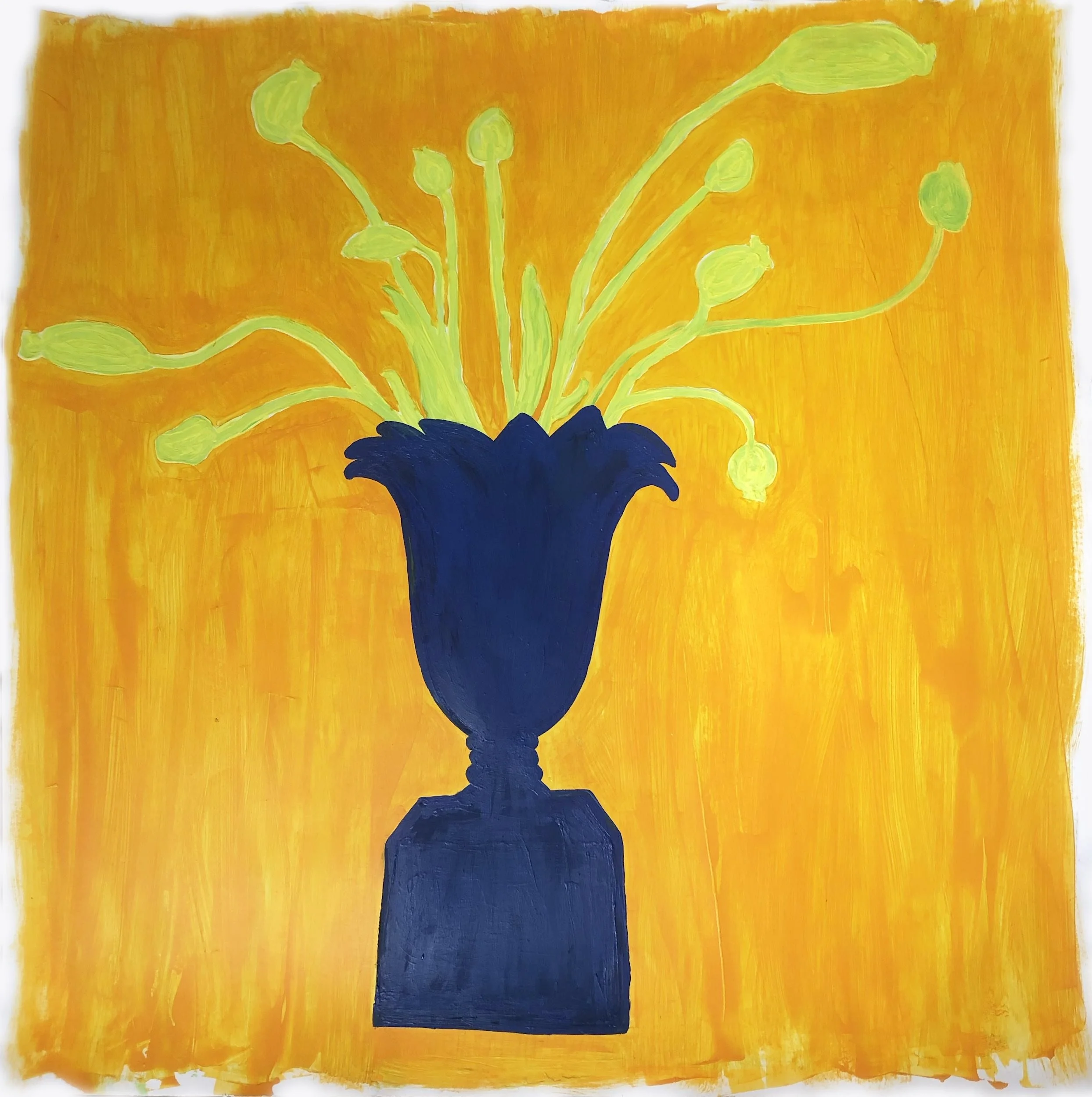 Painting of a dark blue vase with yellow flowers against a vibrant orange background.