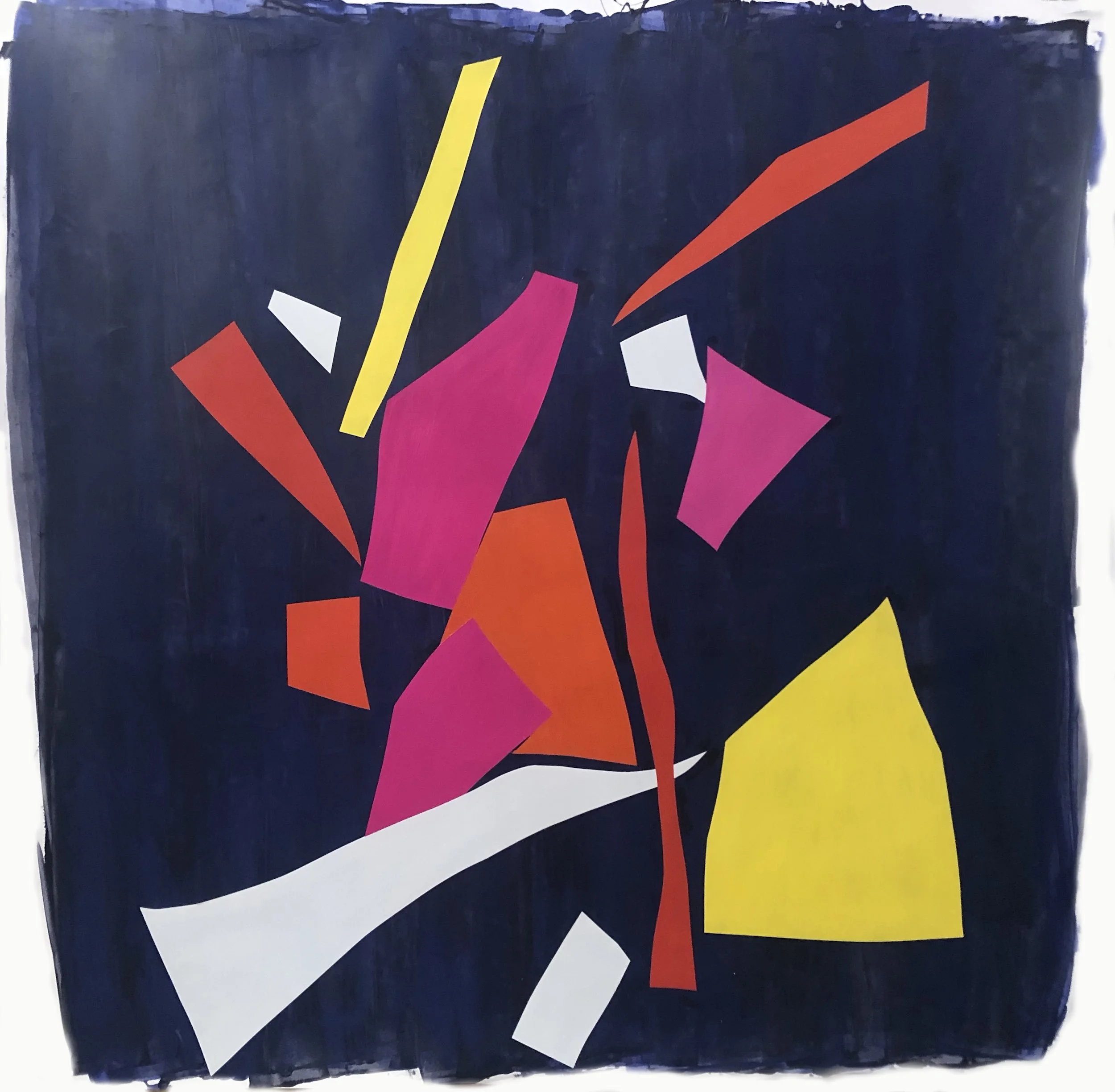 Abstract geometric painting with vibrant angular shapes in pink, red, yellow, orange, white, and black on a dark background.