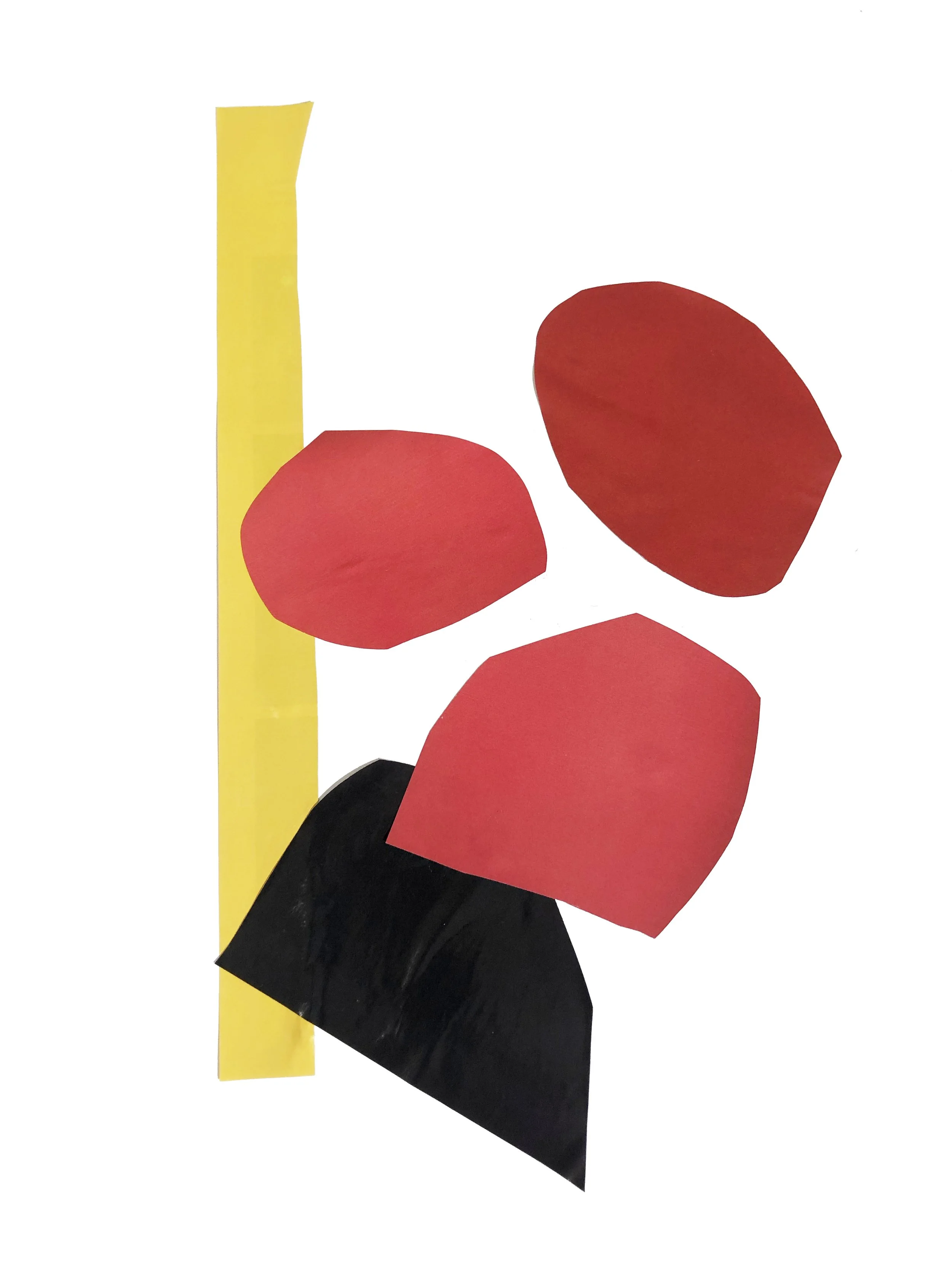 Abstract artwork with colored shapes in red, black and yellow.