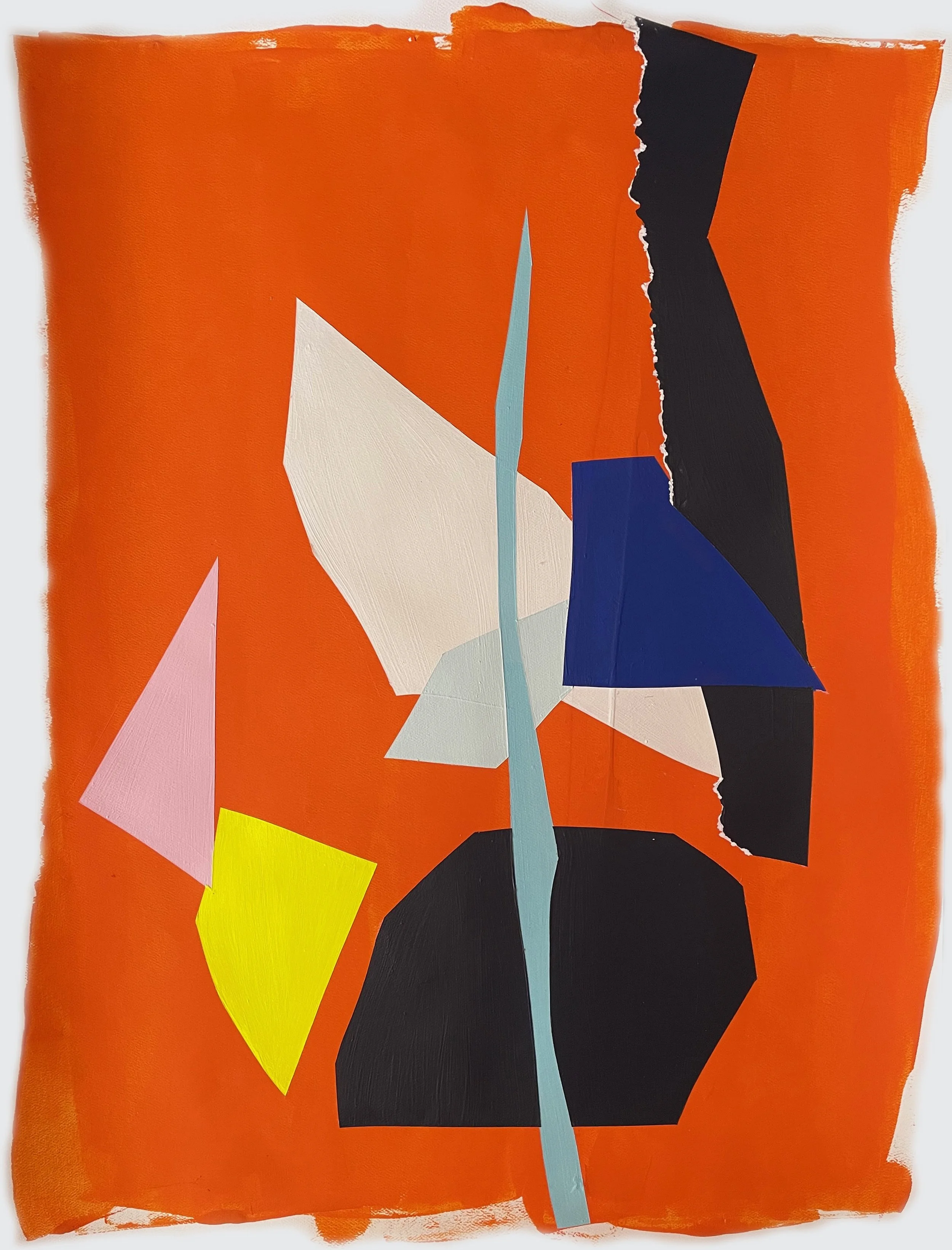 Abstract geometric painting with sharp shapes in white, blue, pink, yellow, black, and light blue on an orange background.