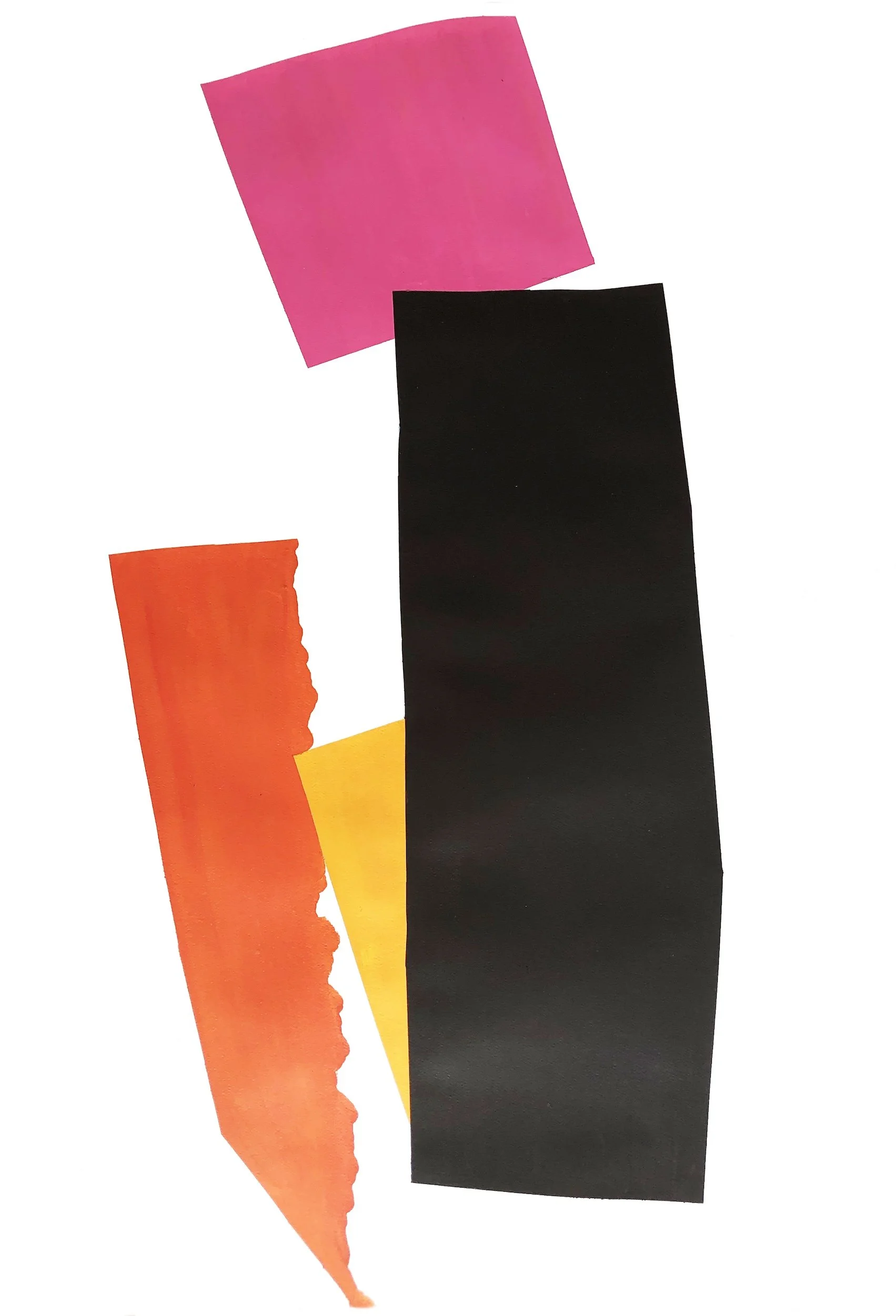 Assorted torn colored paper pieces in pink, black, orange, yellow, and a smaller purple piece, arranged on white background.