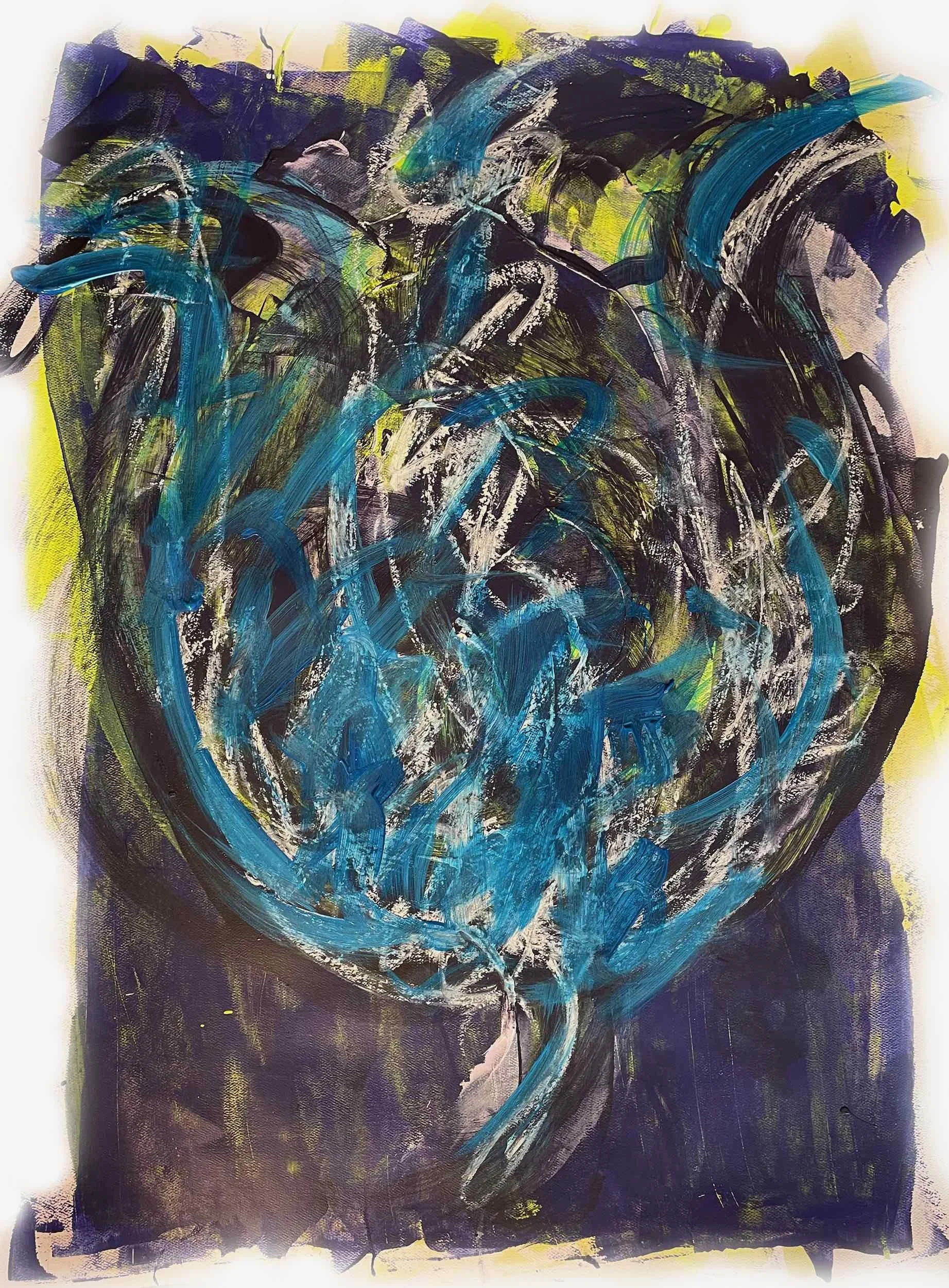 Abstract painting with swirling blue, white, and black lines on a purple background, with yellow accents on the edges.