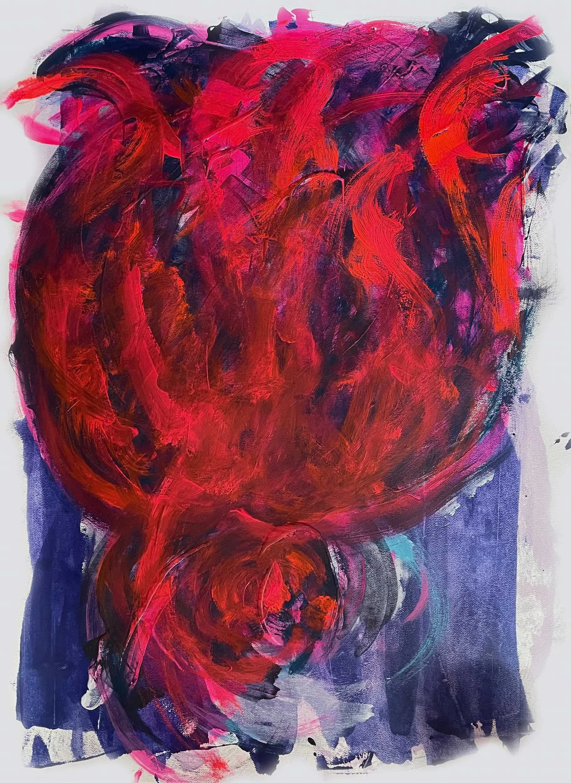 Abstract painting with bold red, purple, and dark colors, featuring swirling and textured brushstrokes.
