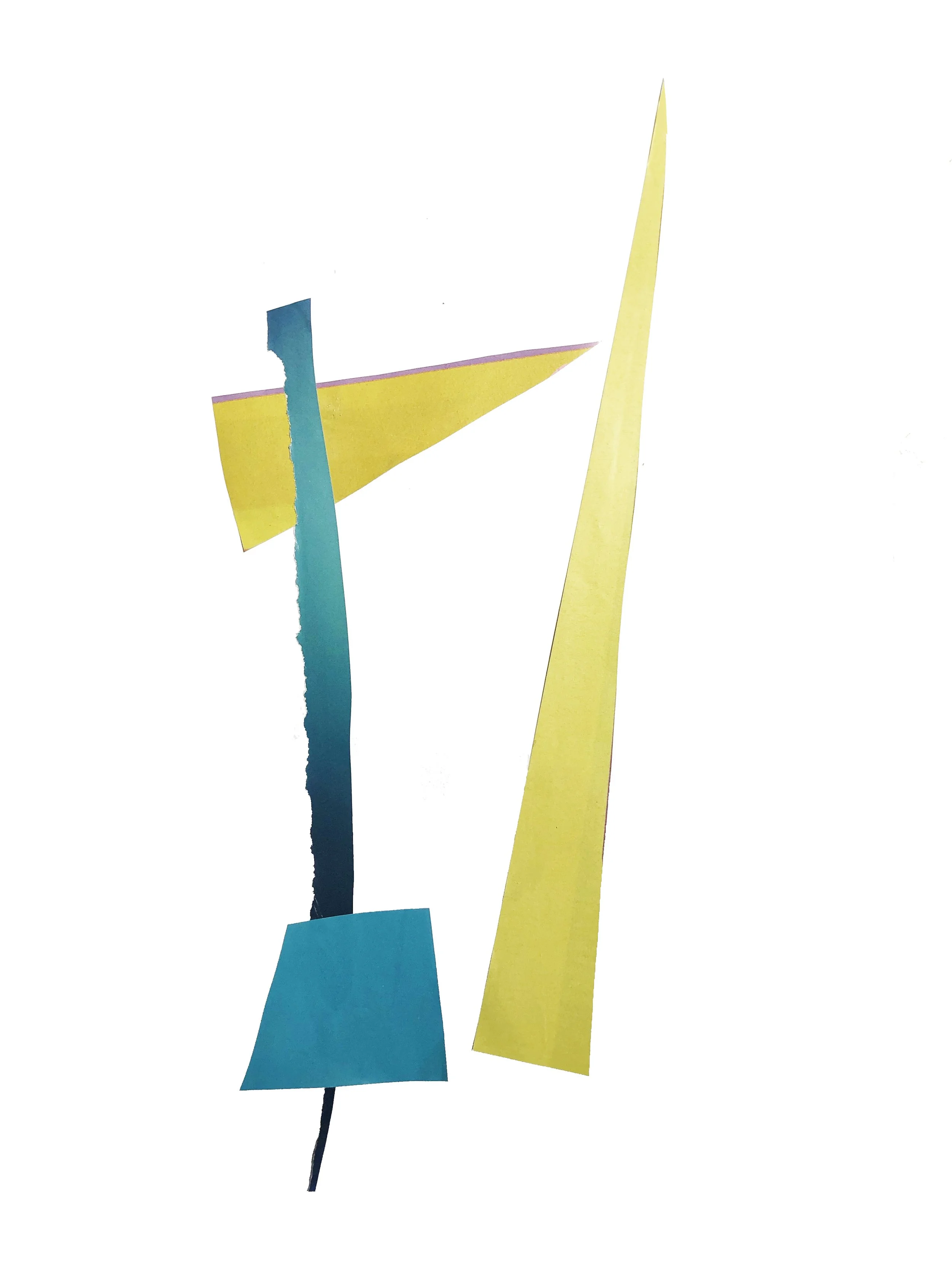 Abstract artwork with colored shapes in blue  and yellow.