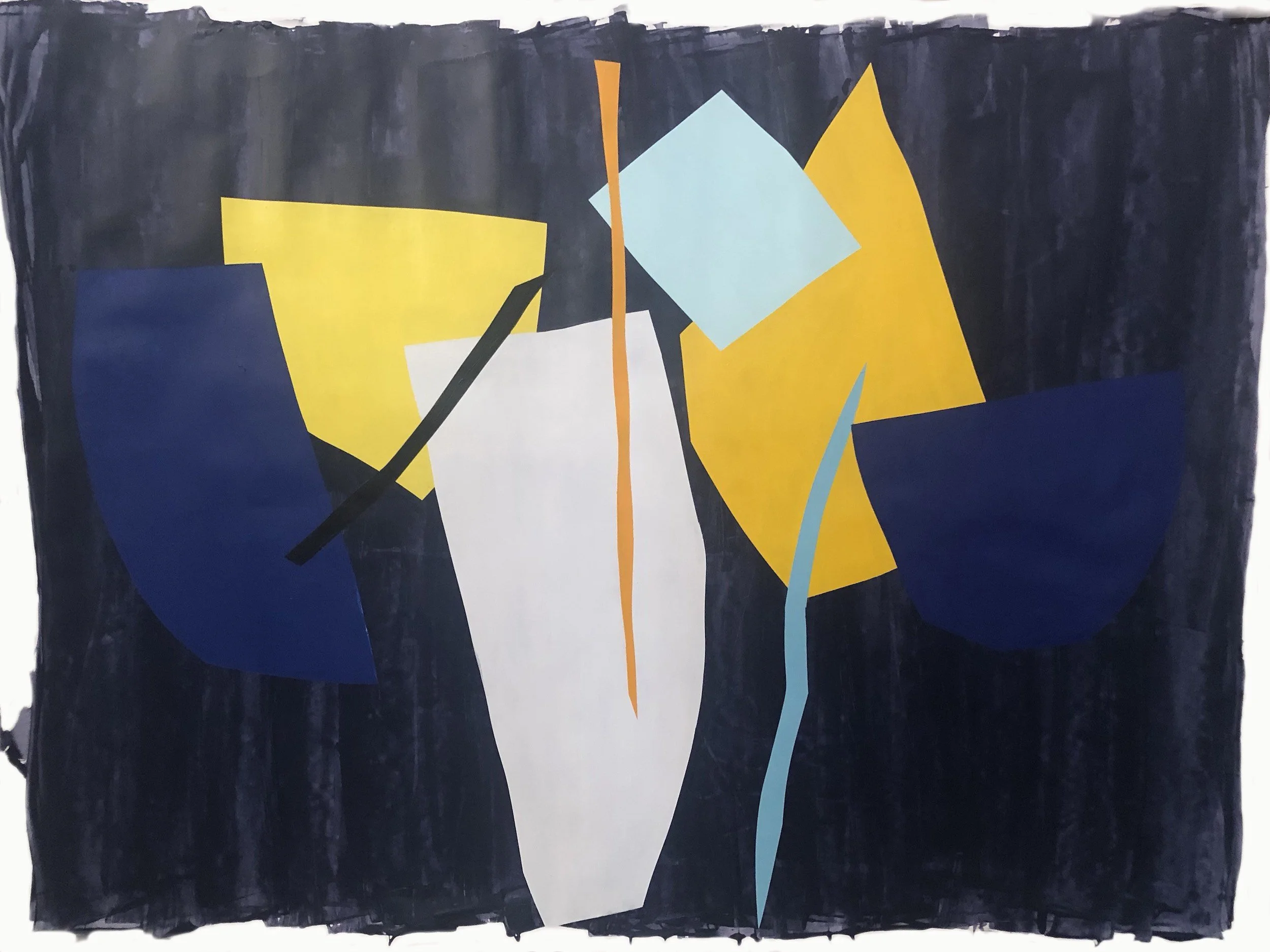 Abstract geometric artwork with shapes in yellow, blue, light blue, black, white, orange, set against a dark background.