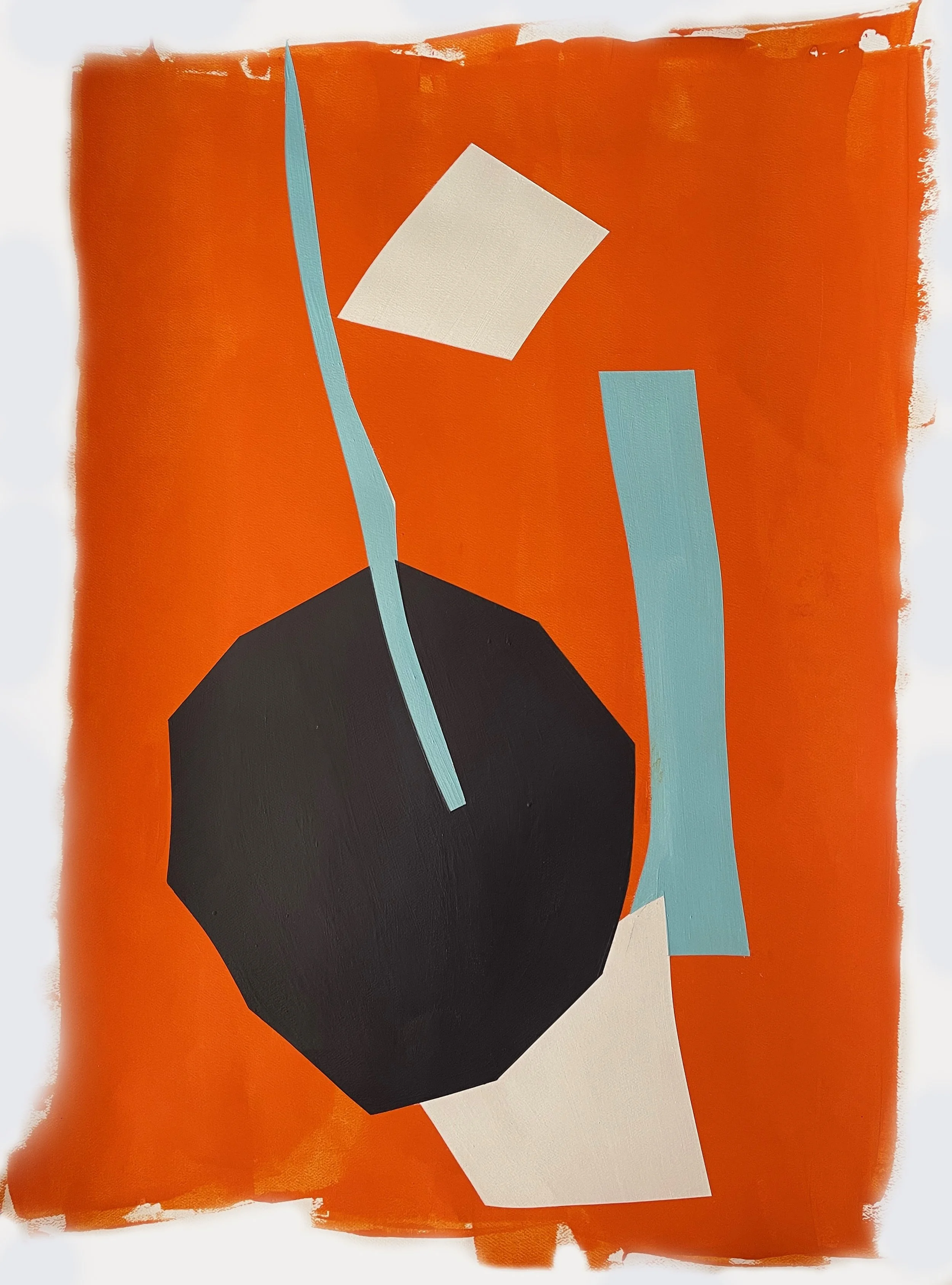 Abstract art with an orange background, a large black polygon, and several irregular light blue and white shapes.