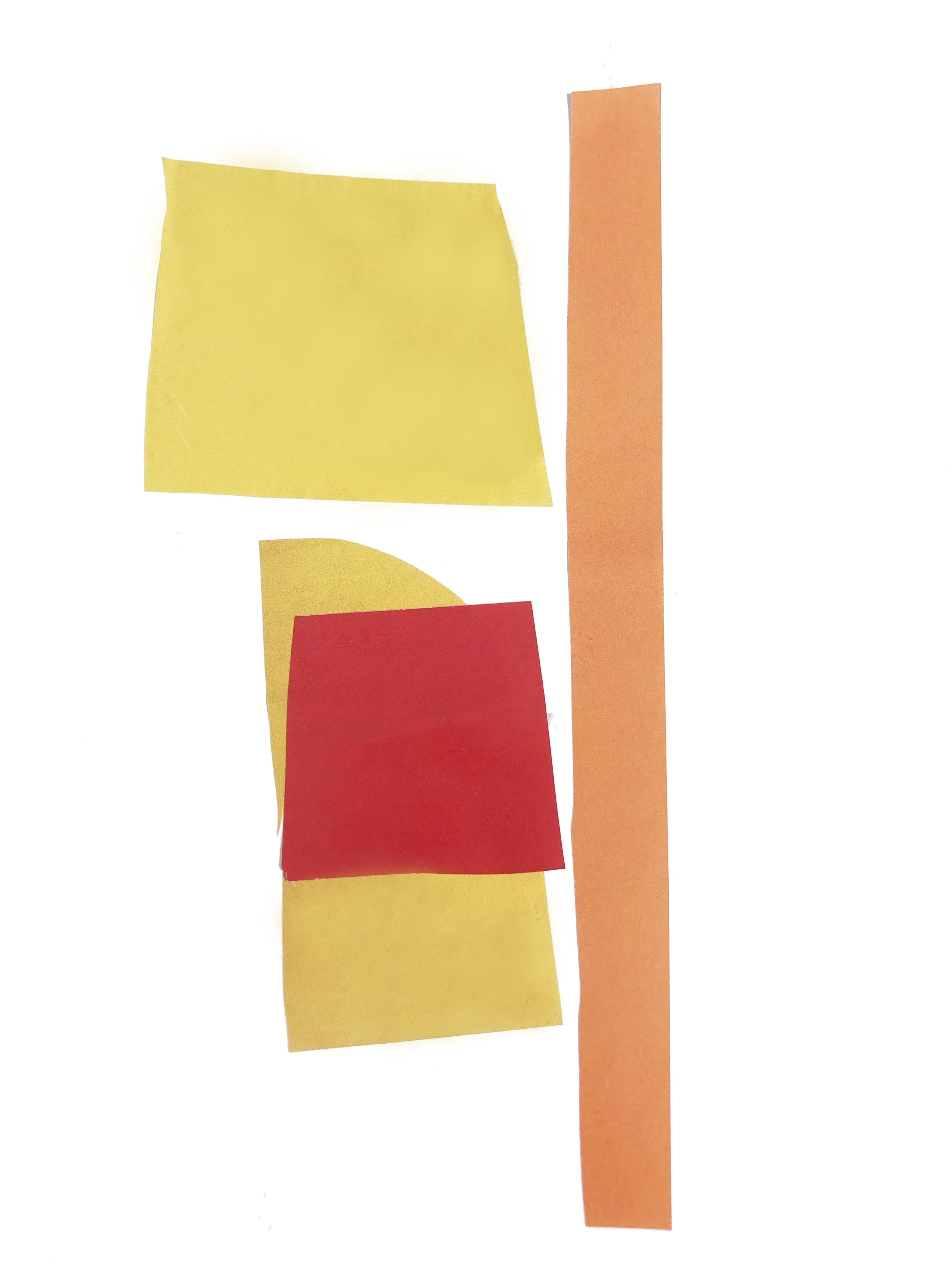 Abstract artwork with colored shapes in red, orange and yellow.