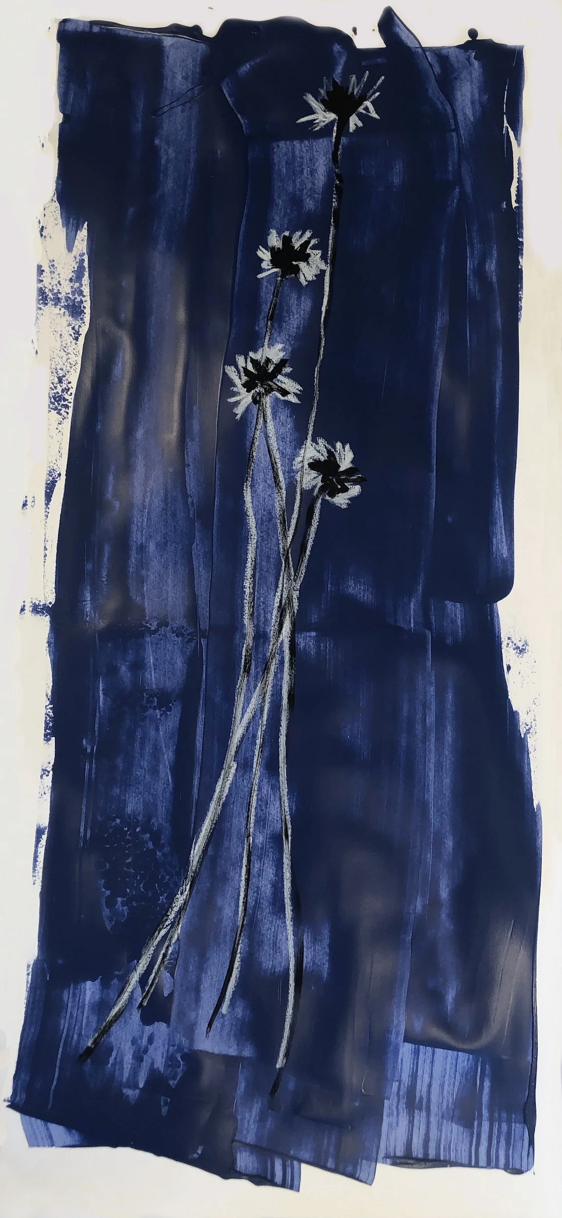 Abstract painting with a dark blue background and white outline of four flowers with long stems.