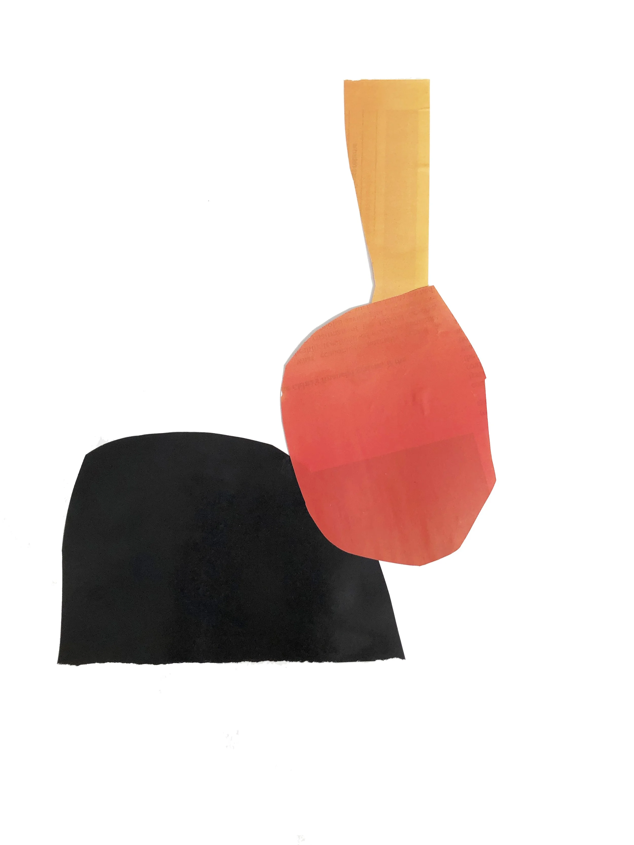 Abstract artwork with colored shapes in black, orange and yellow.
