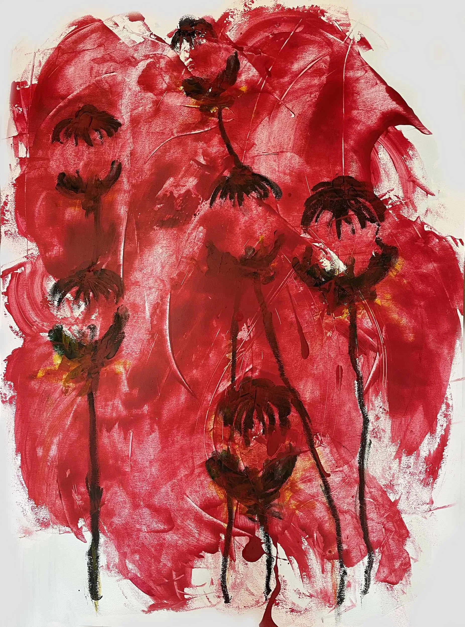 Abstract painting of red flowers with dark stems and leaves on a white background.