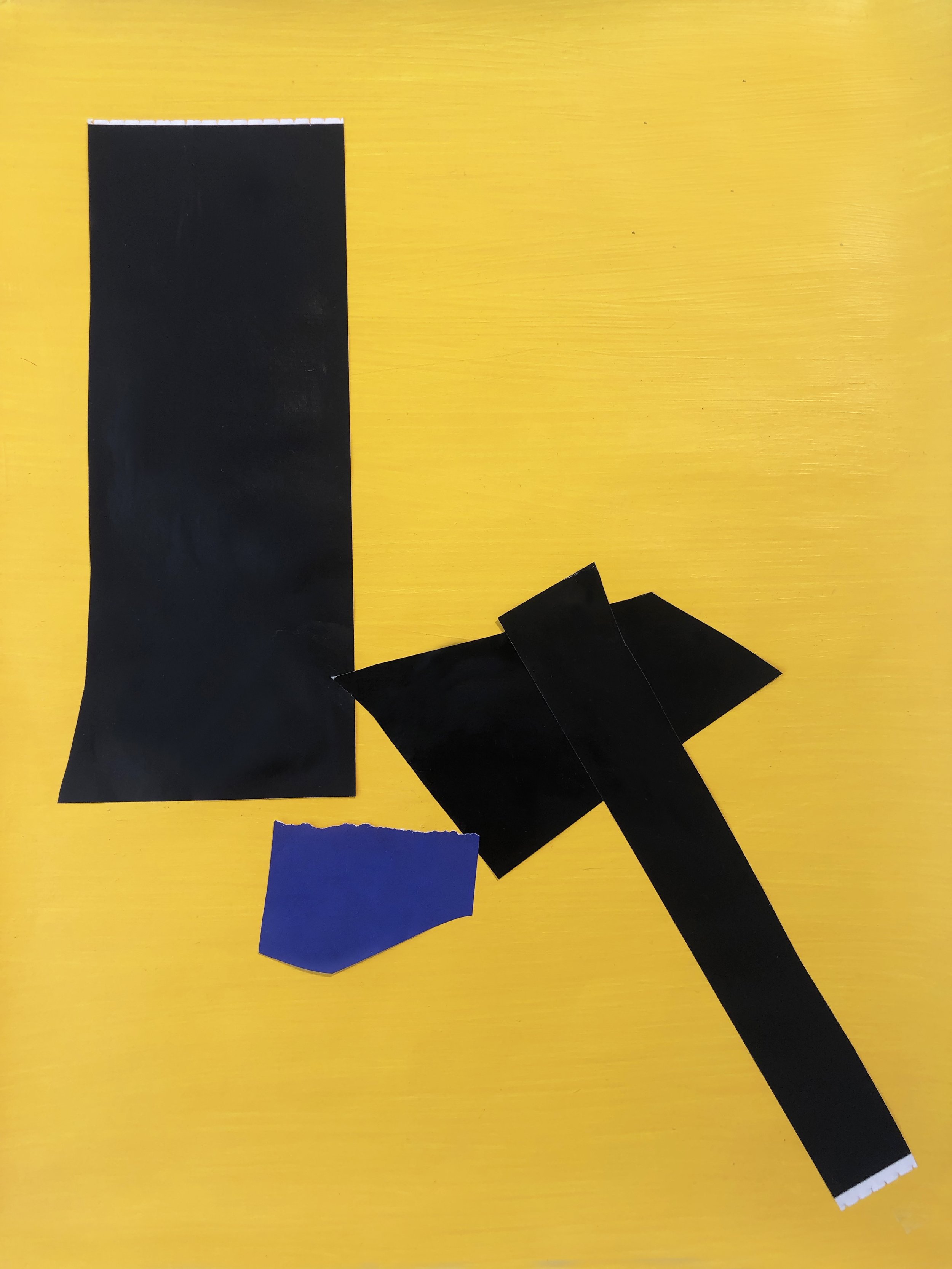 Abstract artwork with colored shapes in blue, and black on yellow background.