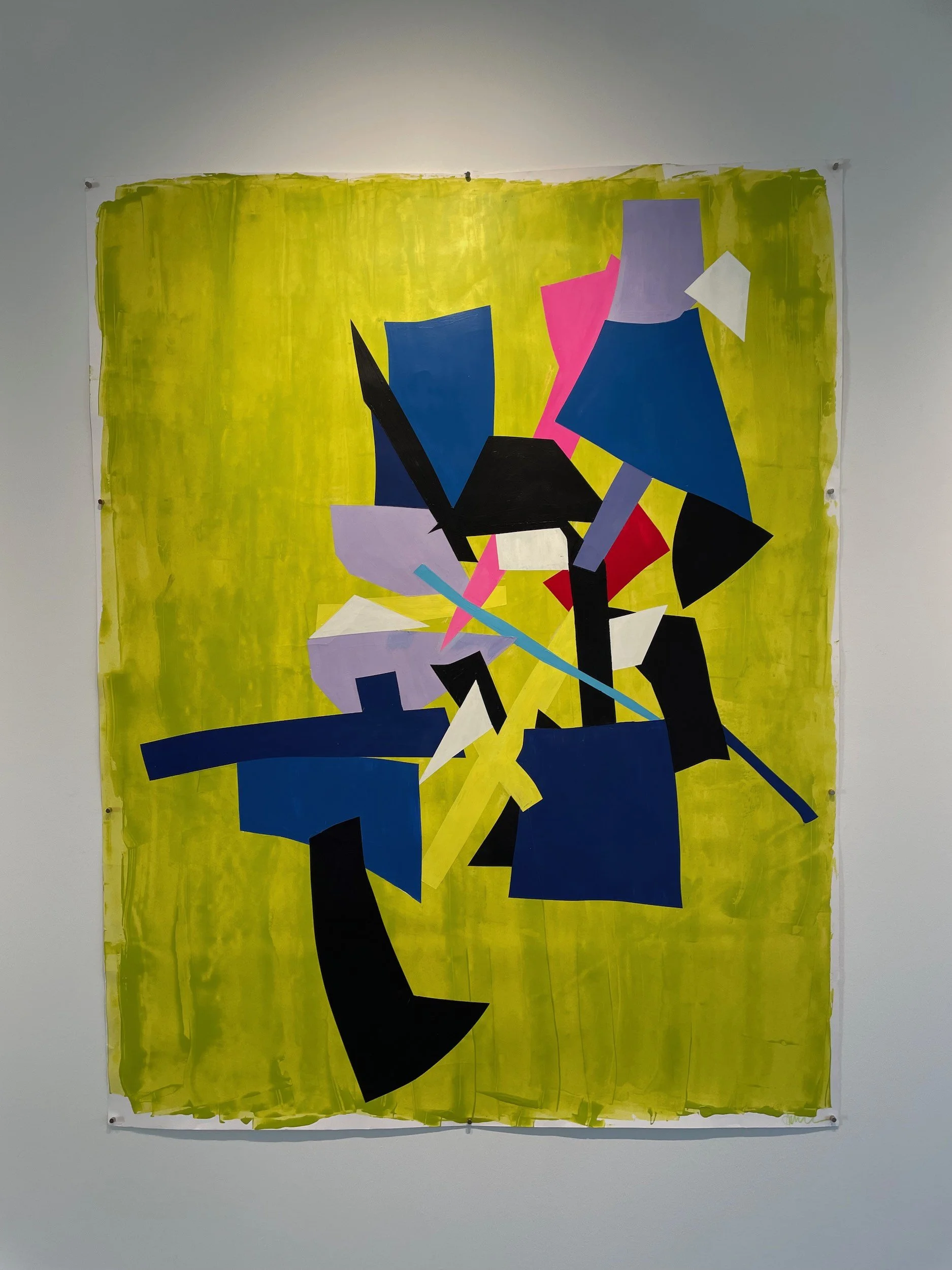 Abstract colorful geometric painting on yellow background.