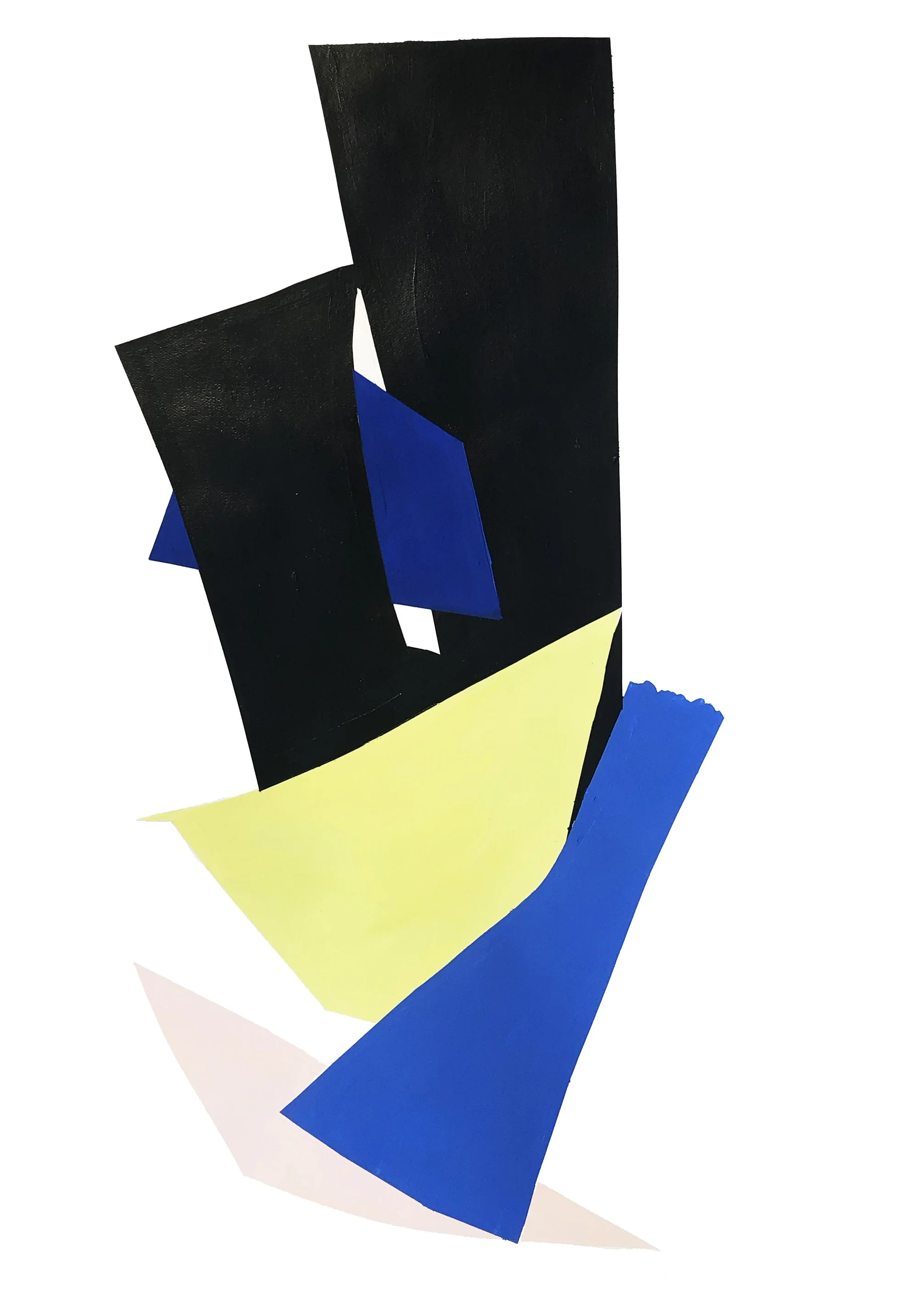 Abstract artwork with colored shapes in blue, black and yellow.