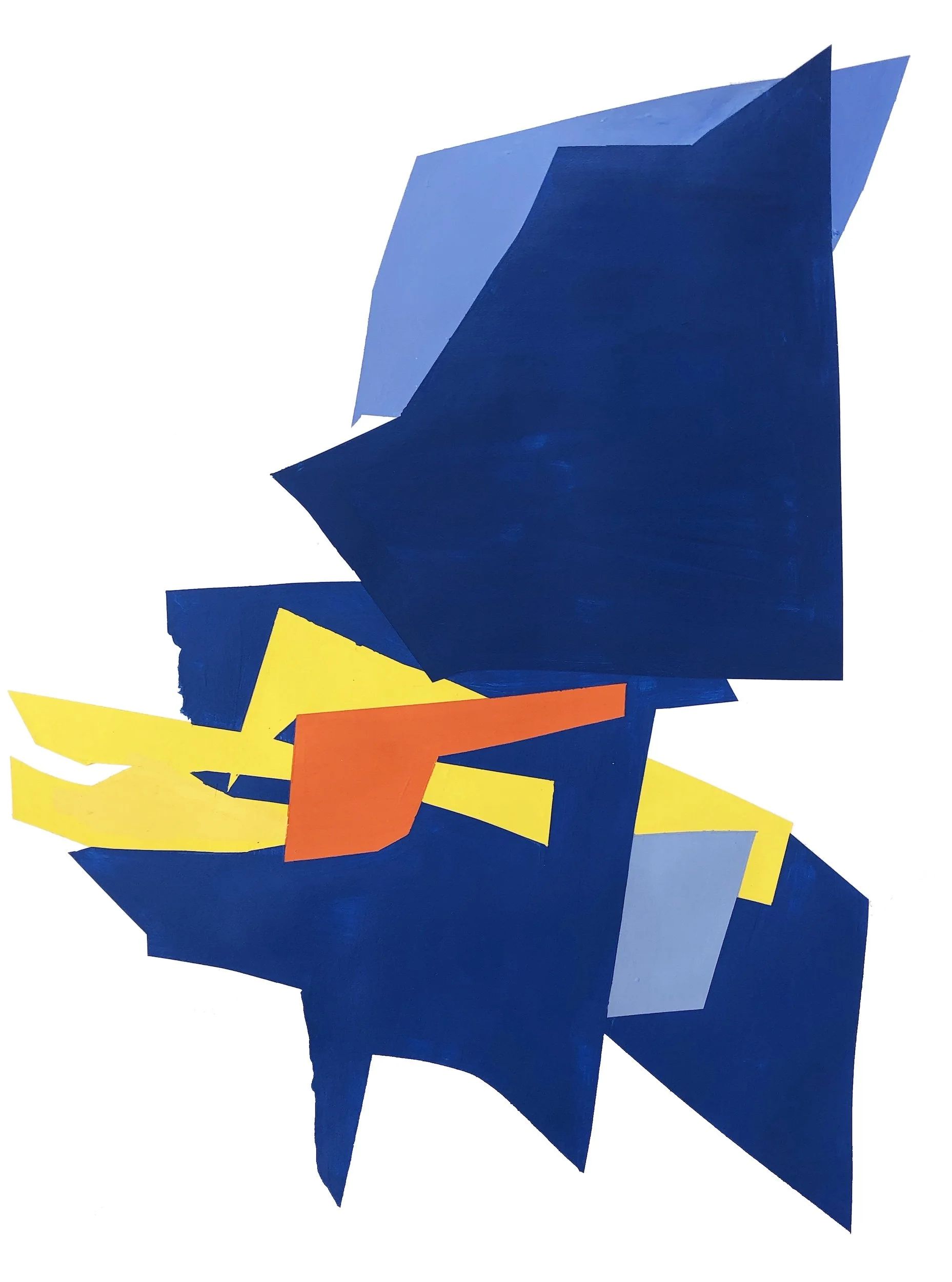 Abstract geometric artwork with large blue, yellow, orange, and gray angular shapes on a white background.