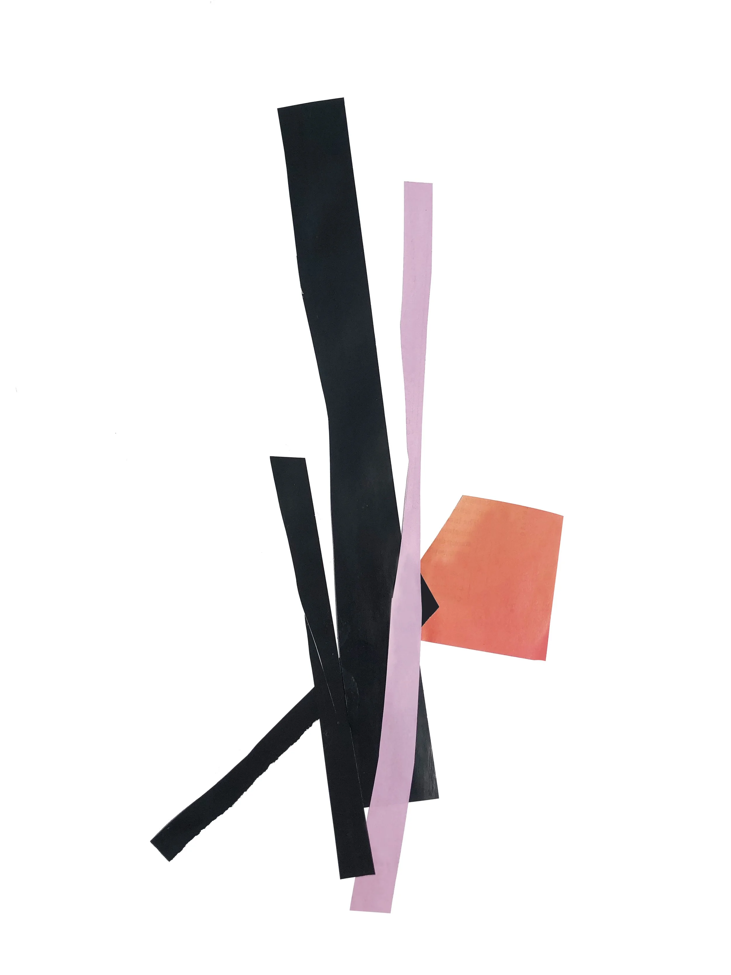 Abstract artwork with colored shapes in black, pink and orange.