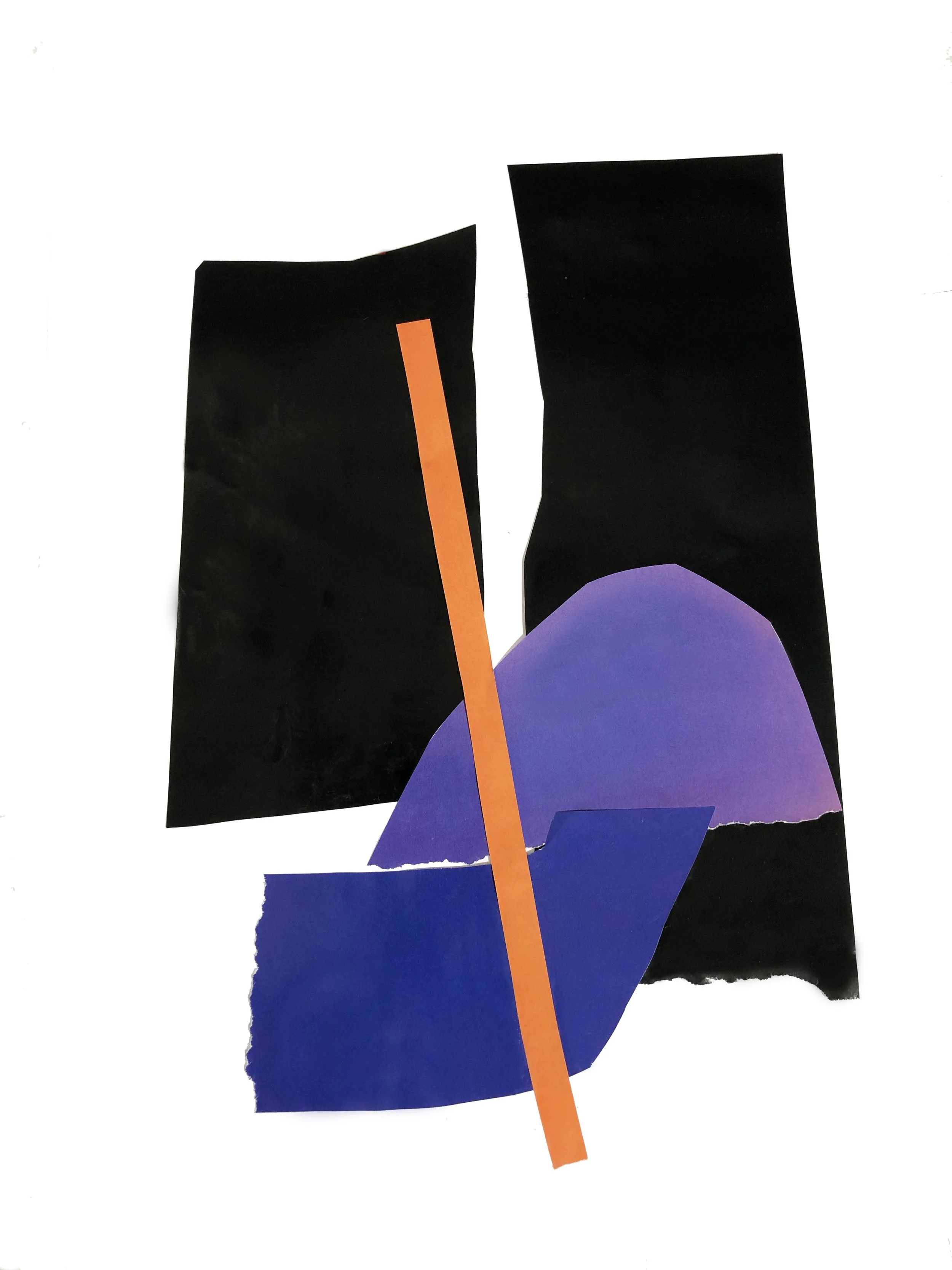 Abstract artwork with colored shapes in blue, orange and black.