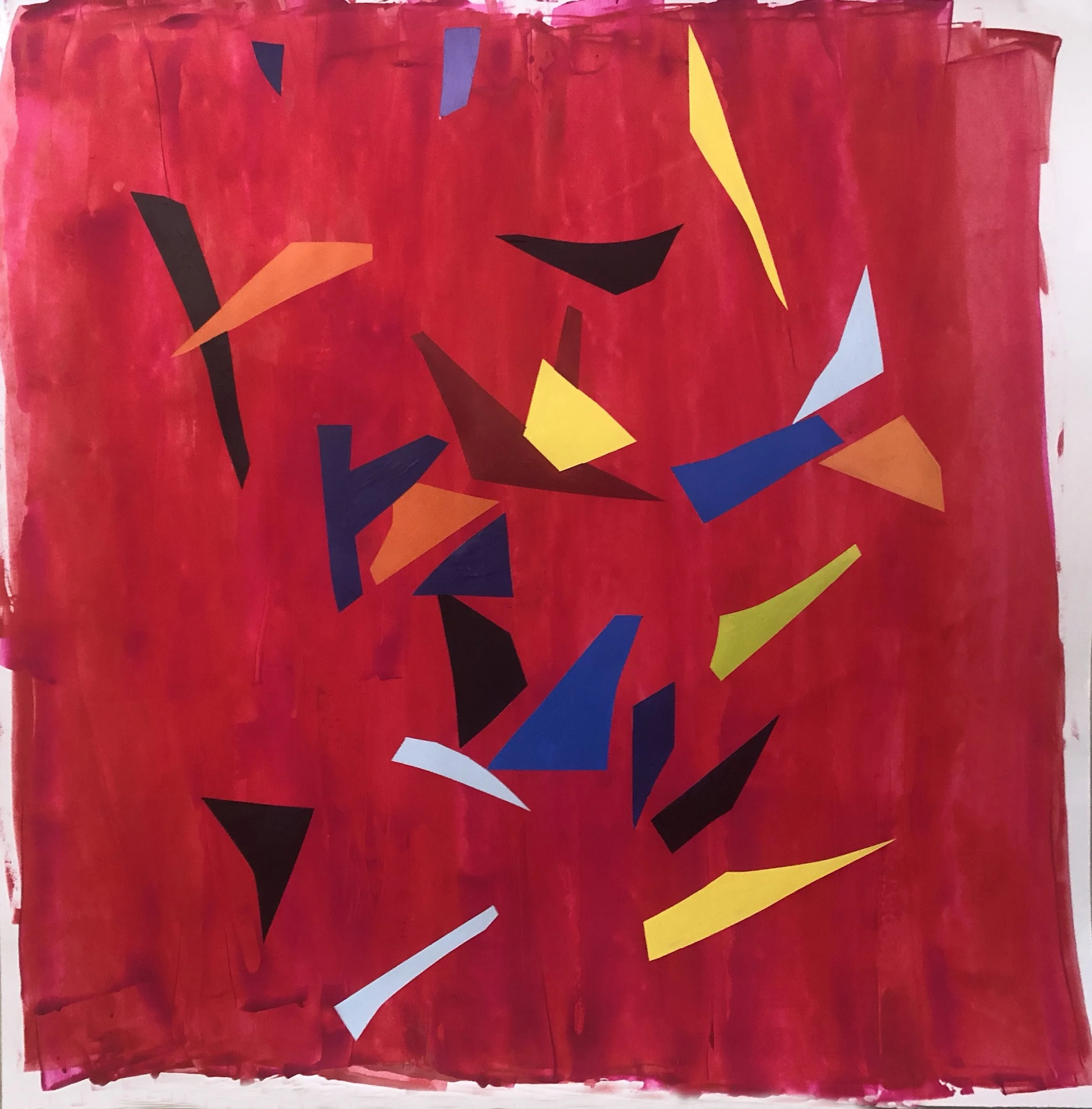 Abstract artwork with red background, featuring scattered irregular shapes in black, yellow, blue, orange, white, green, and purple.