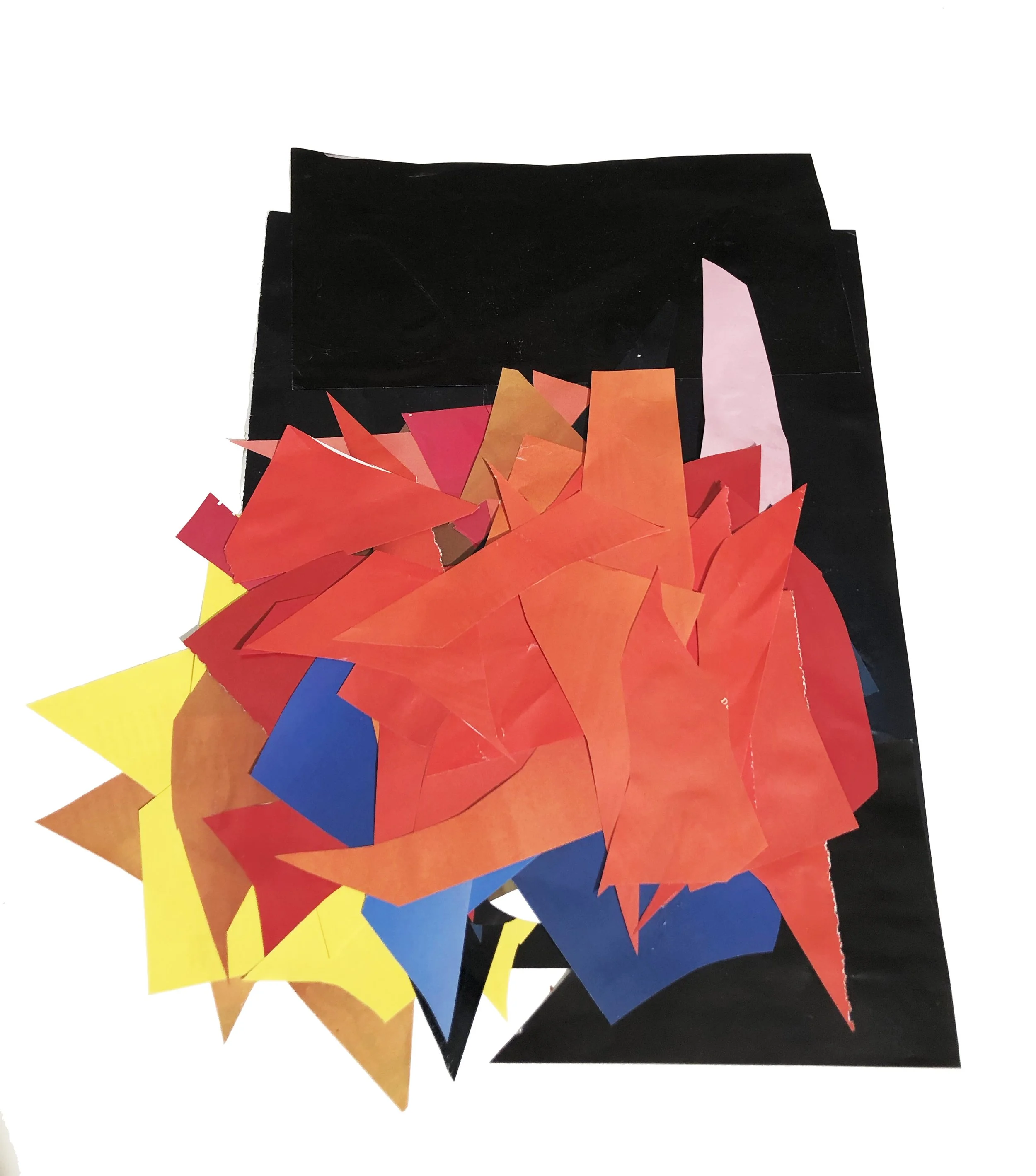 Abstract artwork with colored shapes in red, orange, yellow, blue and black.