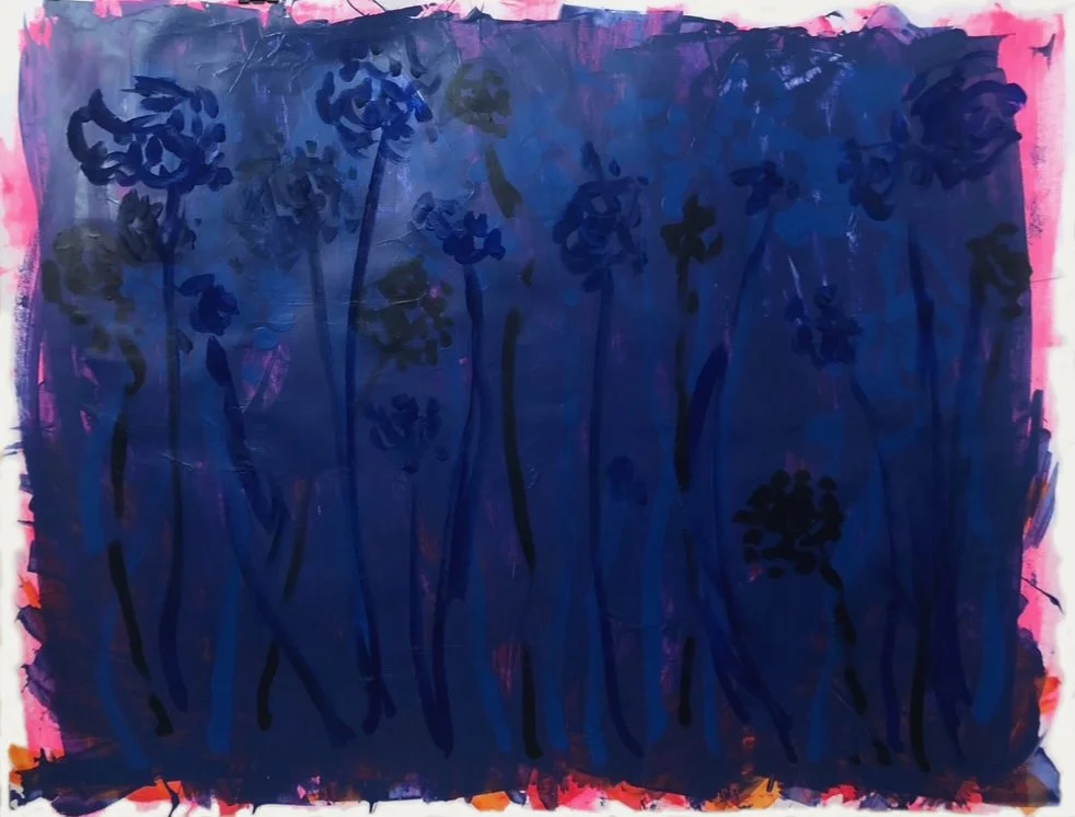 Abstract painting of tall blue flowers with dark stems on a dark blue background, framed with pink and orange accents.