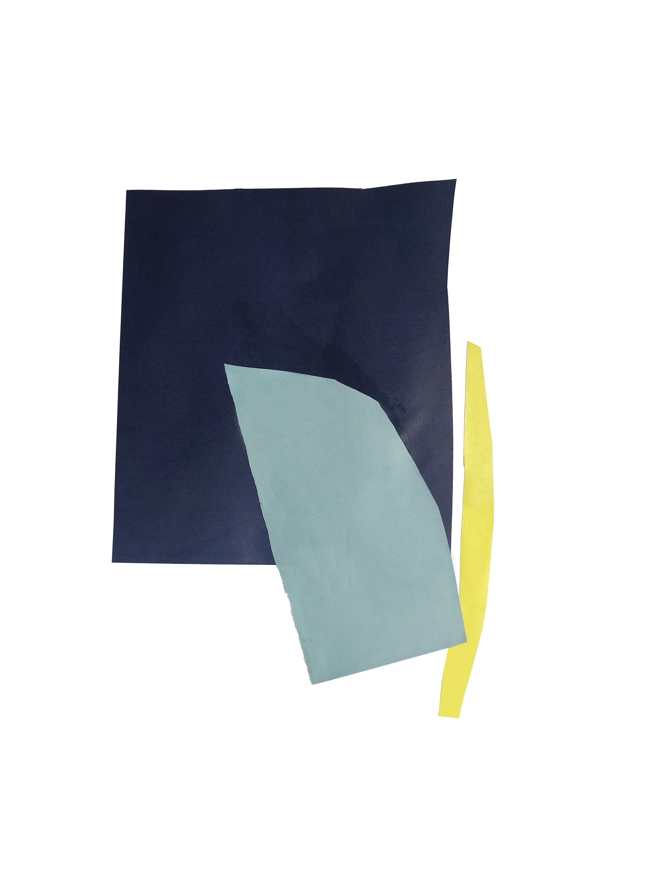 Abstract artwork with colored shapes in blue, black and yellow.