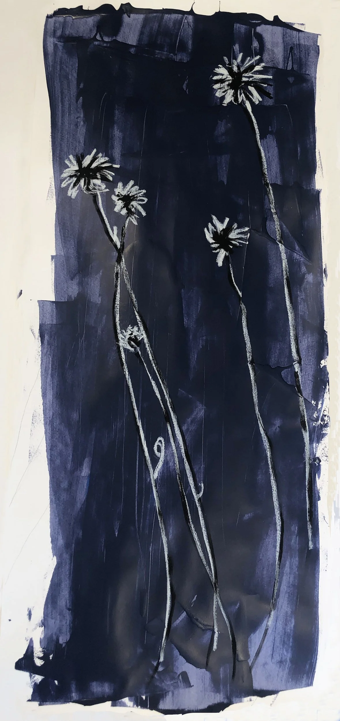 An abstract painting of tall, thin flowers with white petals and dark centers, set against a dark blue and black background.