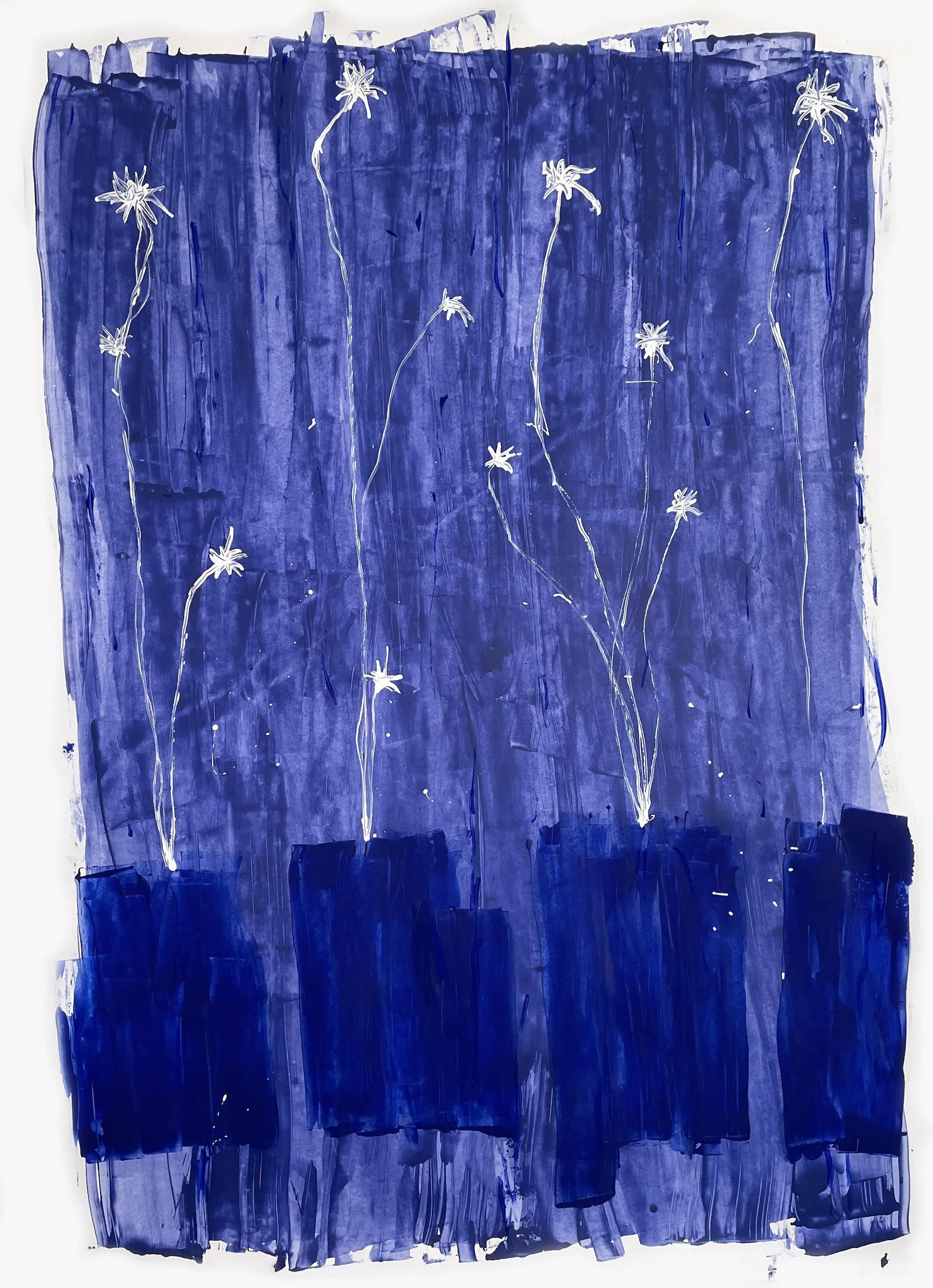 Abstract painting with a dark blue background featuring white outlines of flowers with long, thin stems across the canvas.