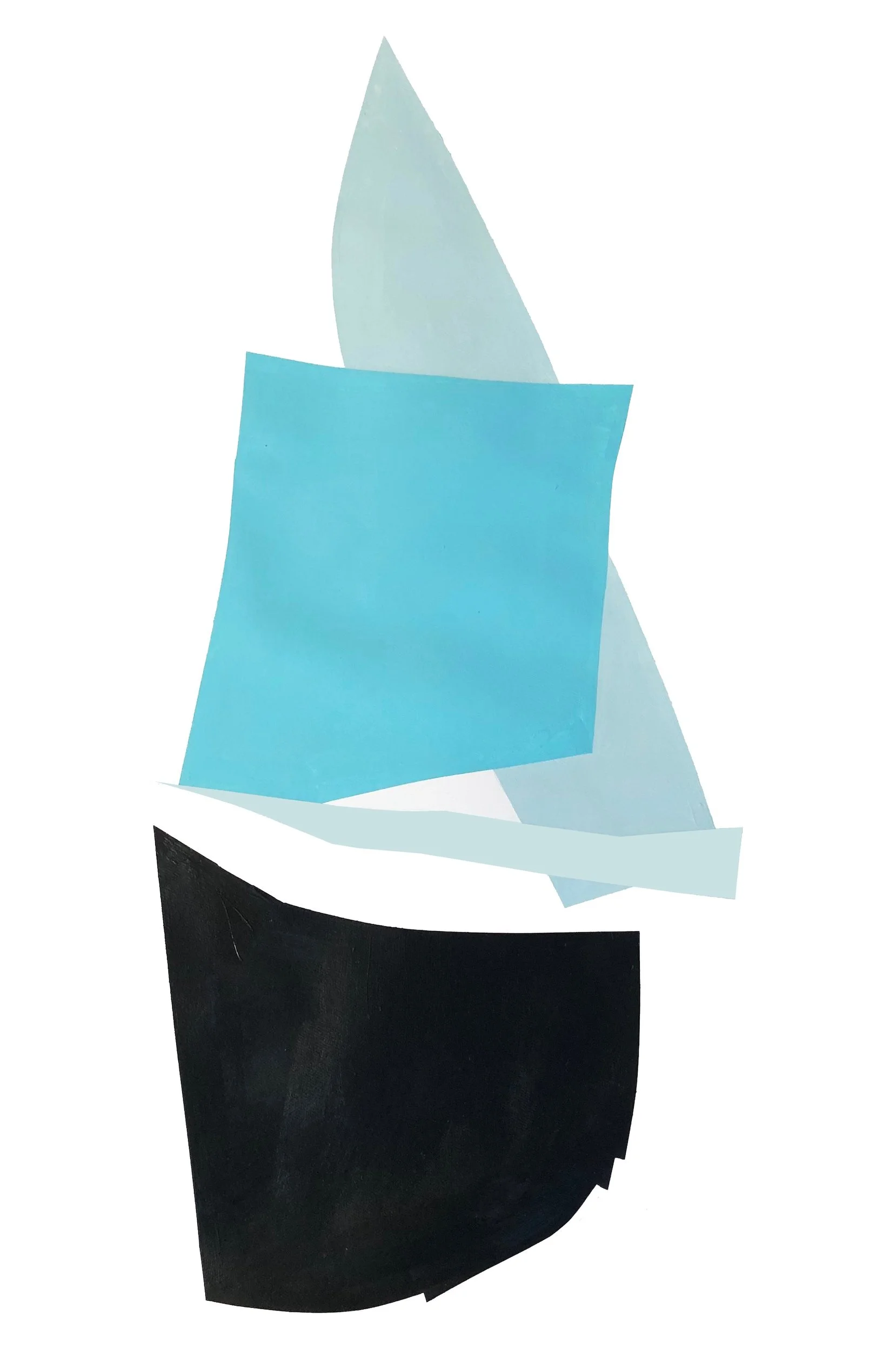 Abstract composition of cut paper shapes in black, white, blue, and light blue colors.